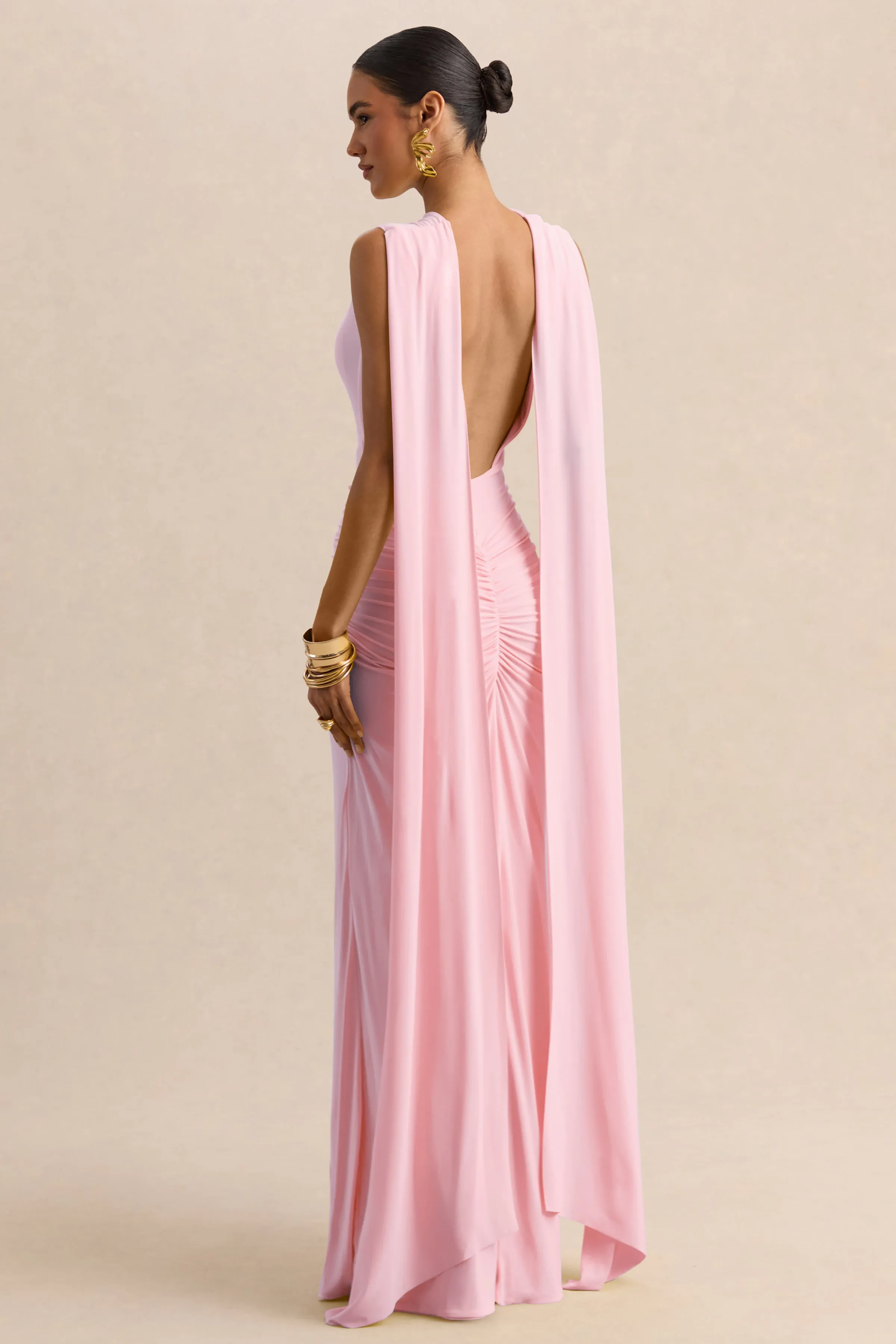Premiere | Light Pink Boat-Neck Maxi Dress With Cape-Sleeves And Open-Back sold by Club L London