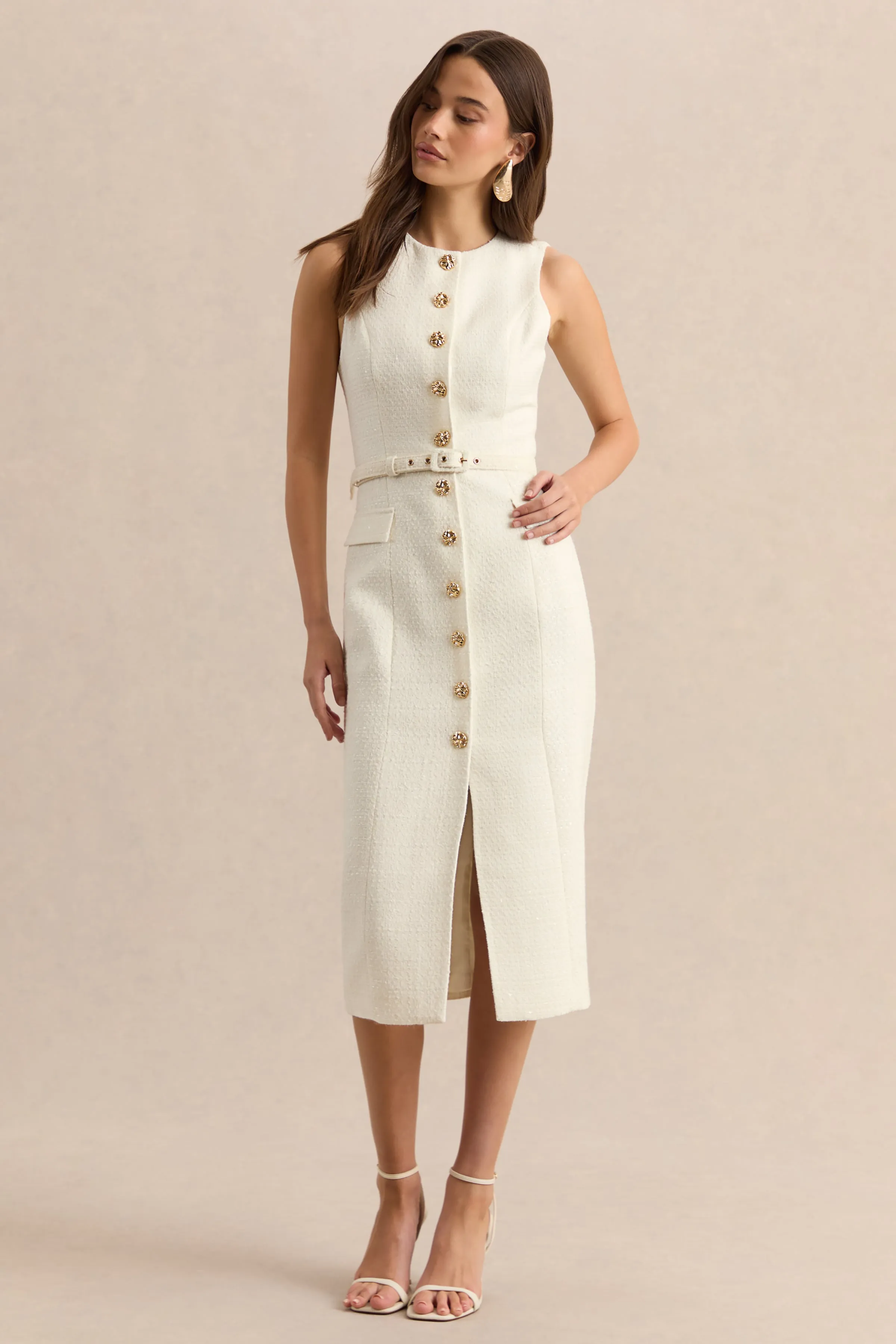 Clea | Cream Crew-Neck Belted Midi Dress With Front-Pockets sold by Club L London product image thumbnail 4