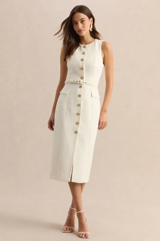 Clea | Cream Crew-Neck Belted Midi Dress With Front-Pockets made by Club L London