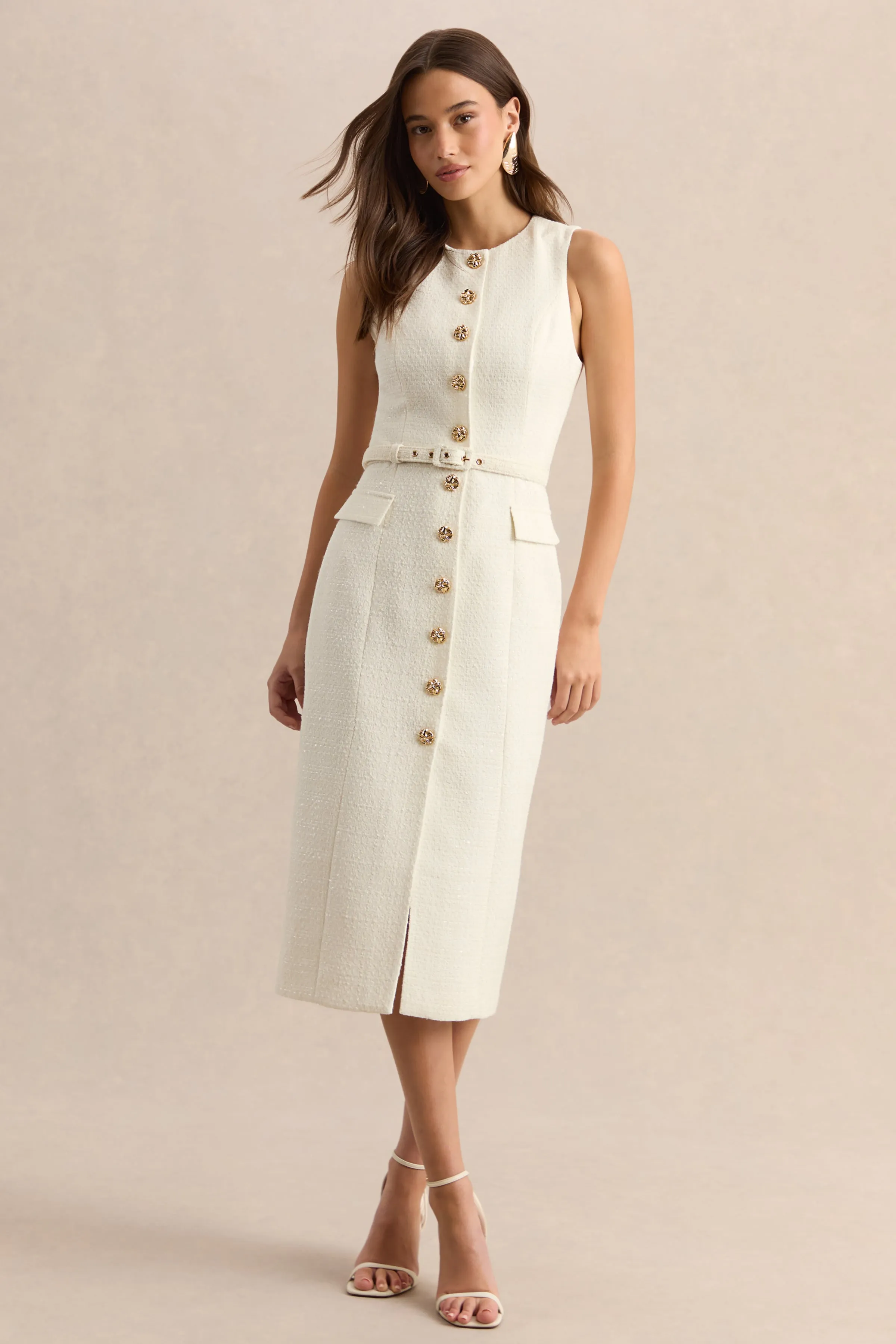 Clea | Cream Crew-Neck Belted Midi Dress With Front-Pockets sold by Club L London