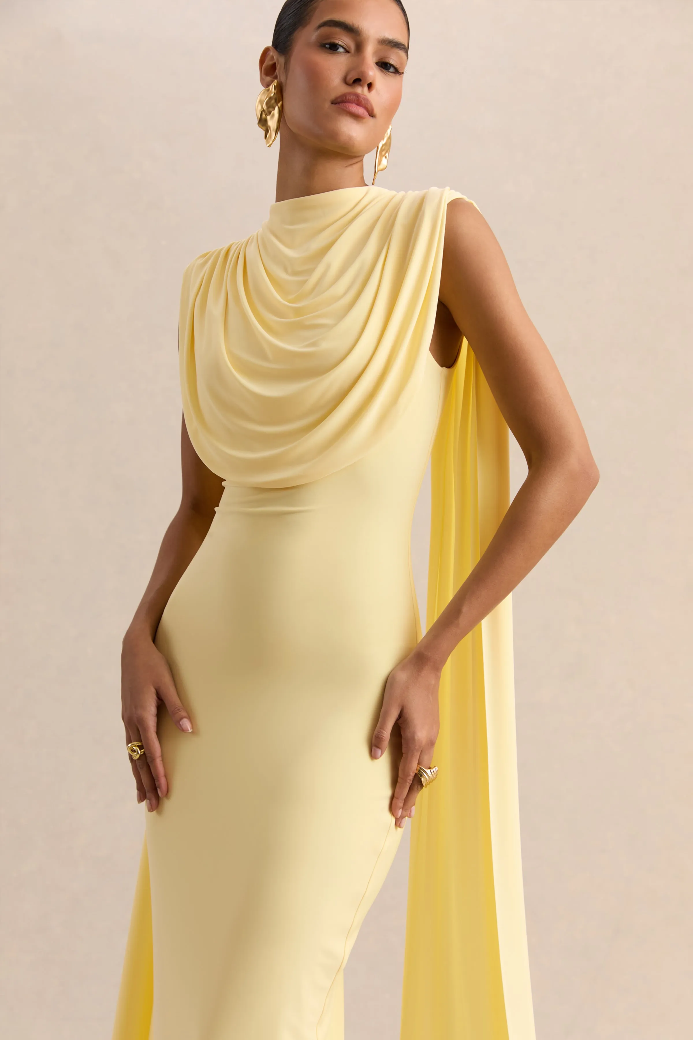 Patrina | Lemon High-Neck Maxi Dress With Draped-Detailing And Cape-Sleeves sold by Club L London product image thumbnail 3