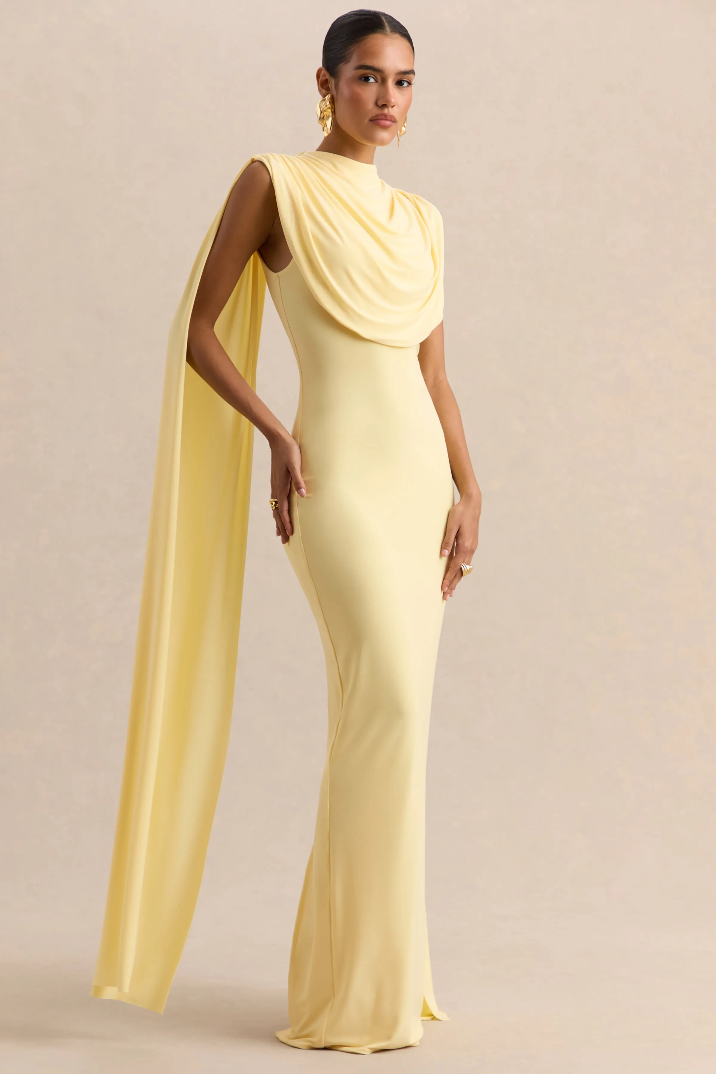 Patrina | Lemon High-Neck Maxi Dress With Draped-Detailing And Cape-Sleeves sold by Club L London product image thumbnail 4
