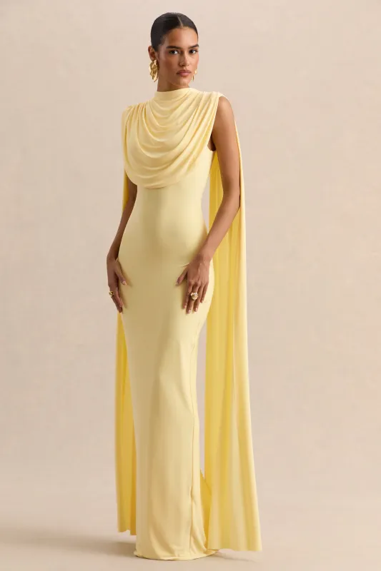 Patrina | Lemon High-Neck Maxi Dress With Draped-Detailing And Cape-Sleeves made by Club L London
