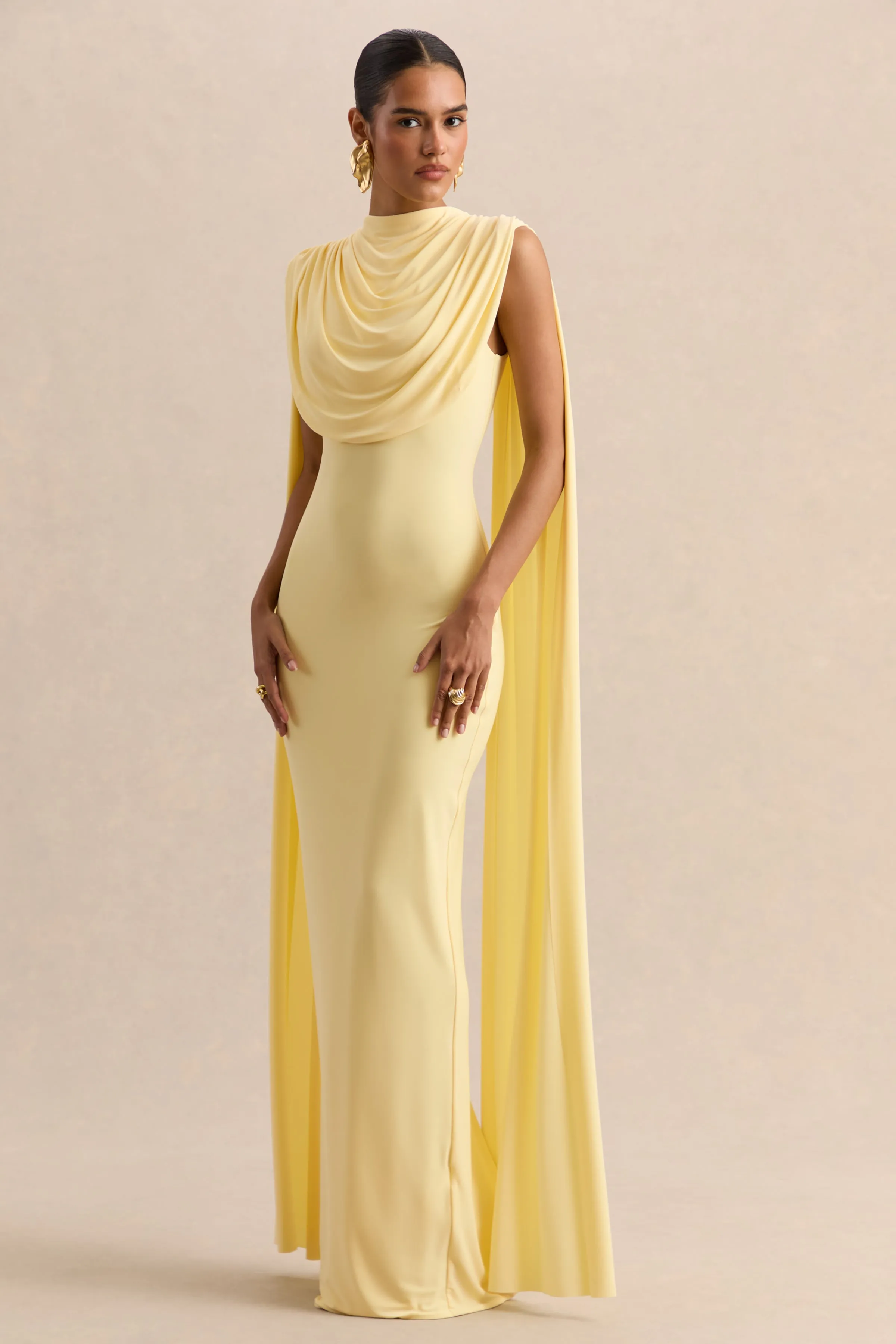 Patrina | Lemon High-Neck Maxi Dress With Draped-Detailing And Cape-Sleeves sold by Club L London