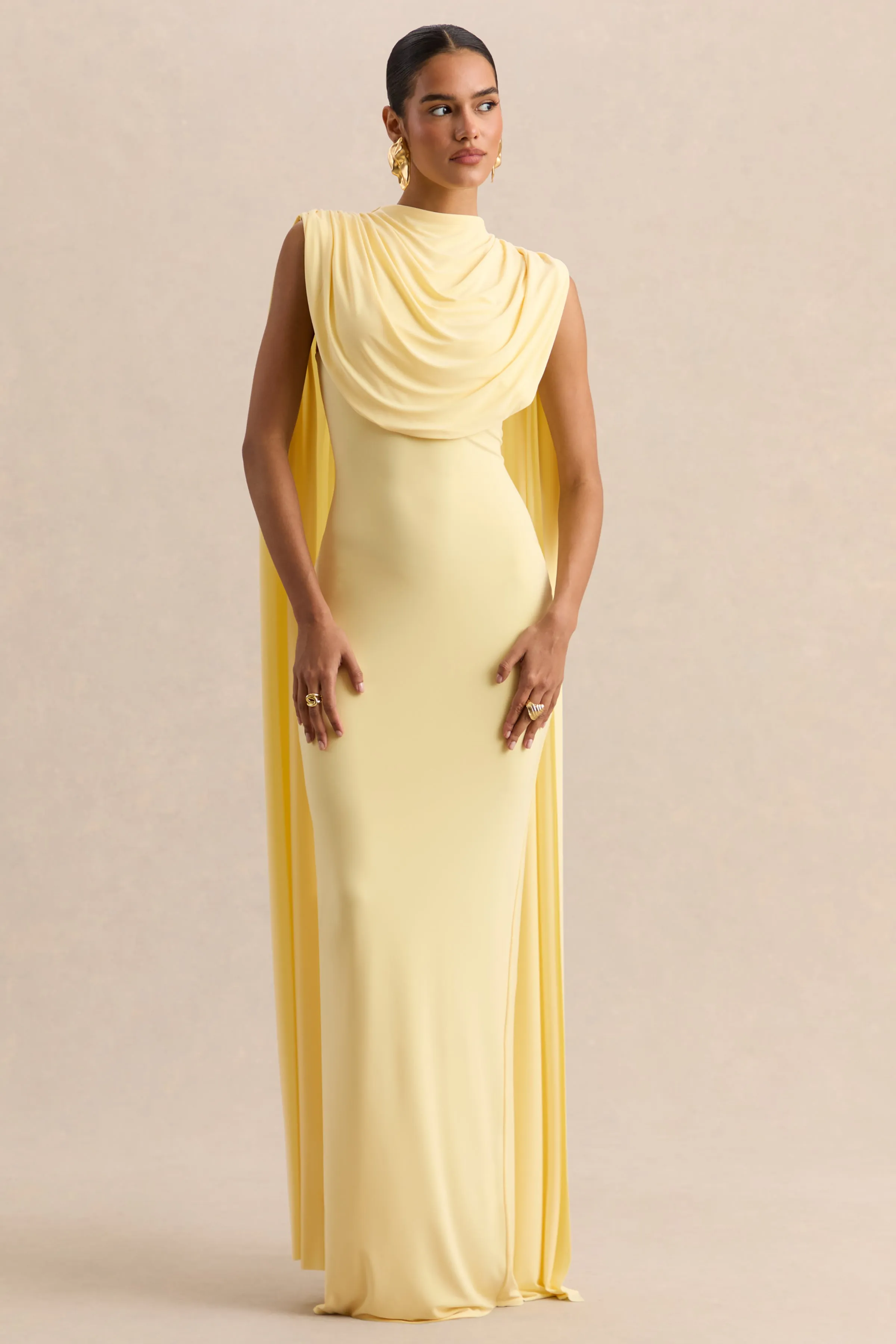 Patrina | Lemon High-Neck Maxi Dress With Draped-Detailing And Cape-Sleeves sold by Club L London product image thumbnail 5