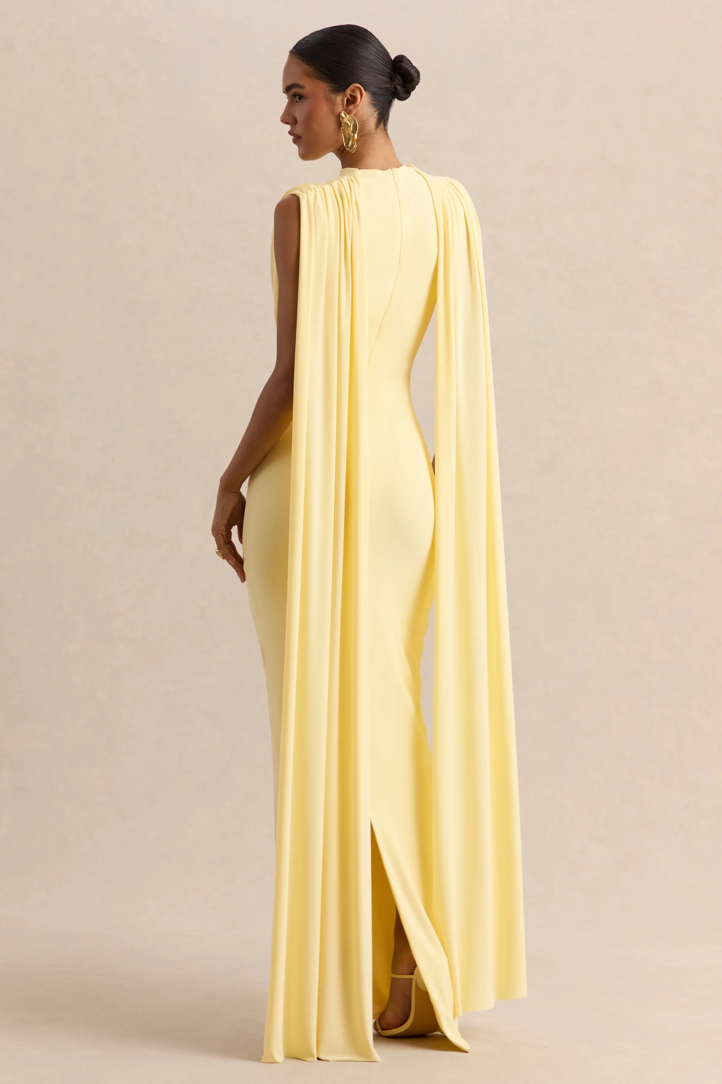 Patrina | Lemon High-Neck Maxi Dress With Draped-Detailing And Cape-Sleeves sold by Club L London product image thumbnail 2