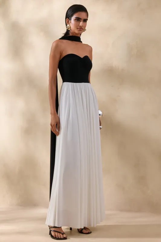 Beamora | Black & White Bandeau Maxi Dress With Cape made by Club L London