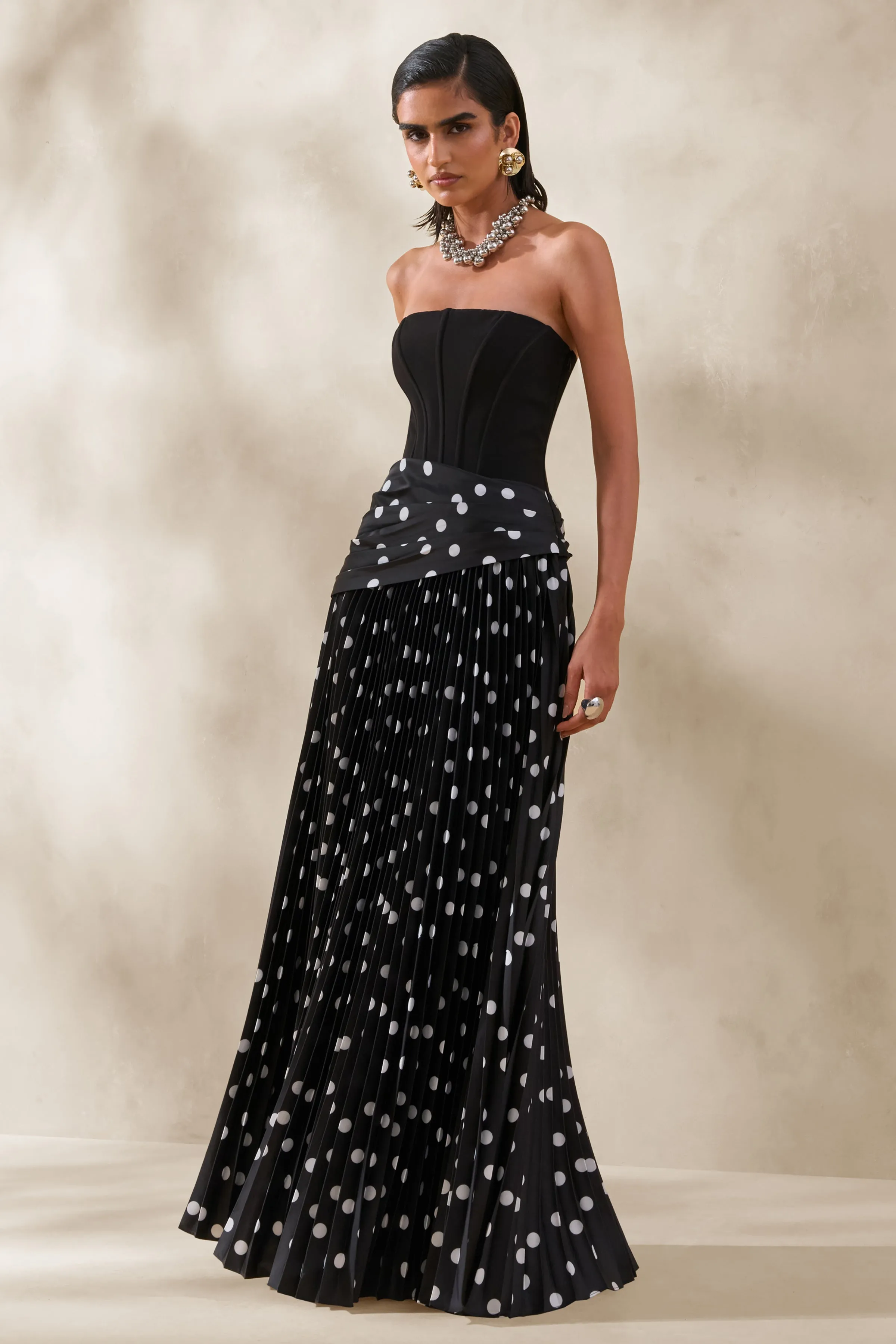 Valerisse | Black And White Polka Dot Bandeau Maxi Dress sold by Club L London product image thumbnail 5
