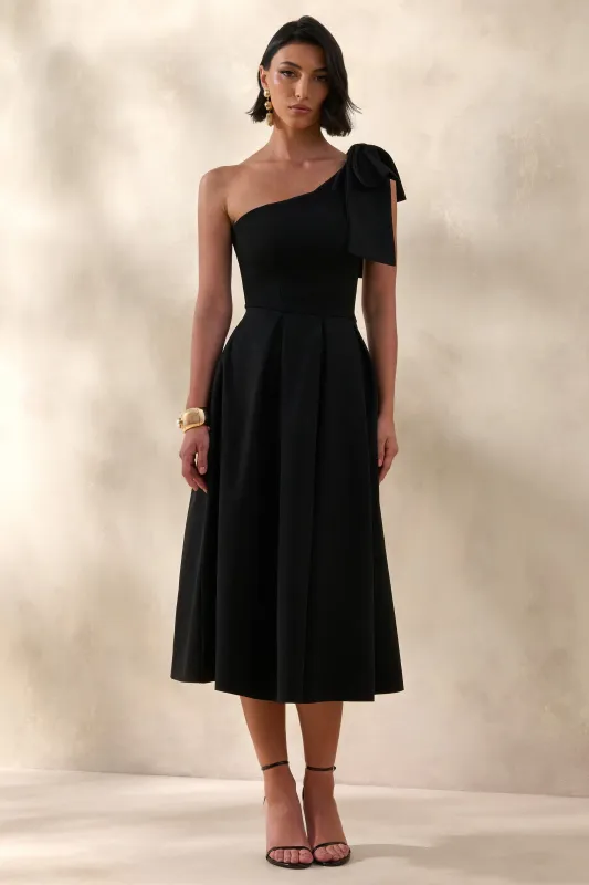 Meria | Black Asymmetric-Neck Midi Dress With Bow-Sleeve made by Club L London