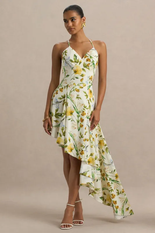 Glint | Lemon Floral Print Satin Plunge-Neck Maxi Dress With Asymmetric Hem made by Club L London