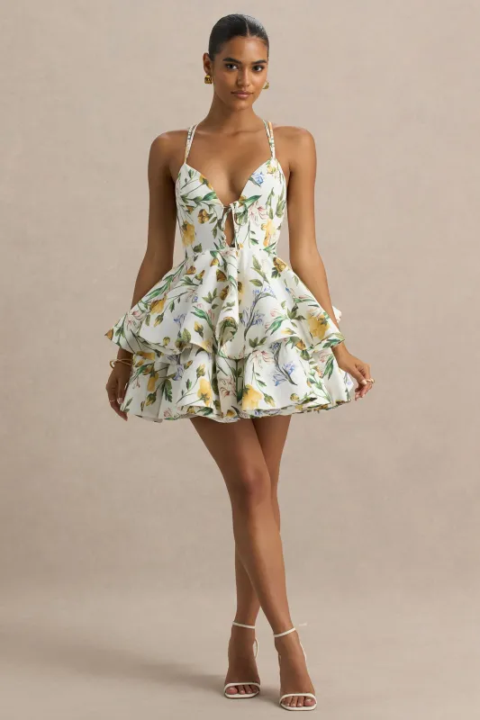 Flavia | Lemon Floral Print Plunge-Neck Ruffled Skater Micro-Mini Dress made by Club L London
