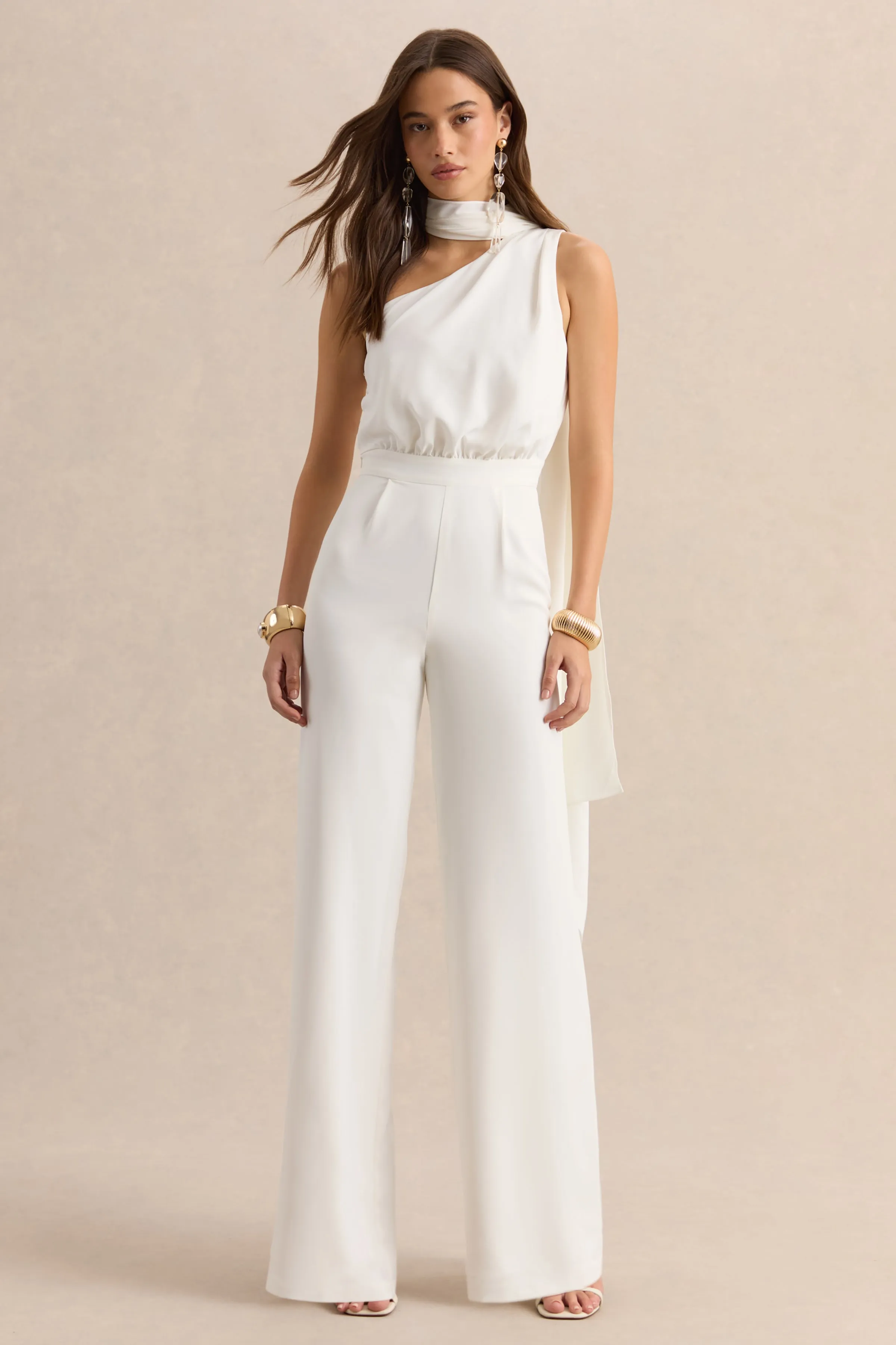 Gliselle | White Asymmetric-Neck Jumpsuit With Cape sold by Club L London product image thumbnail 4