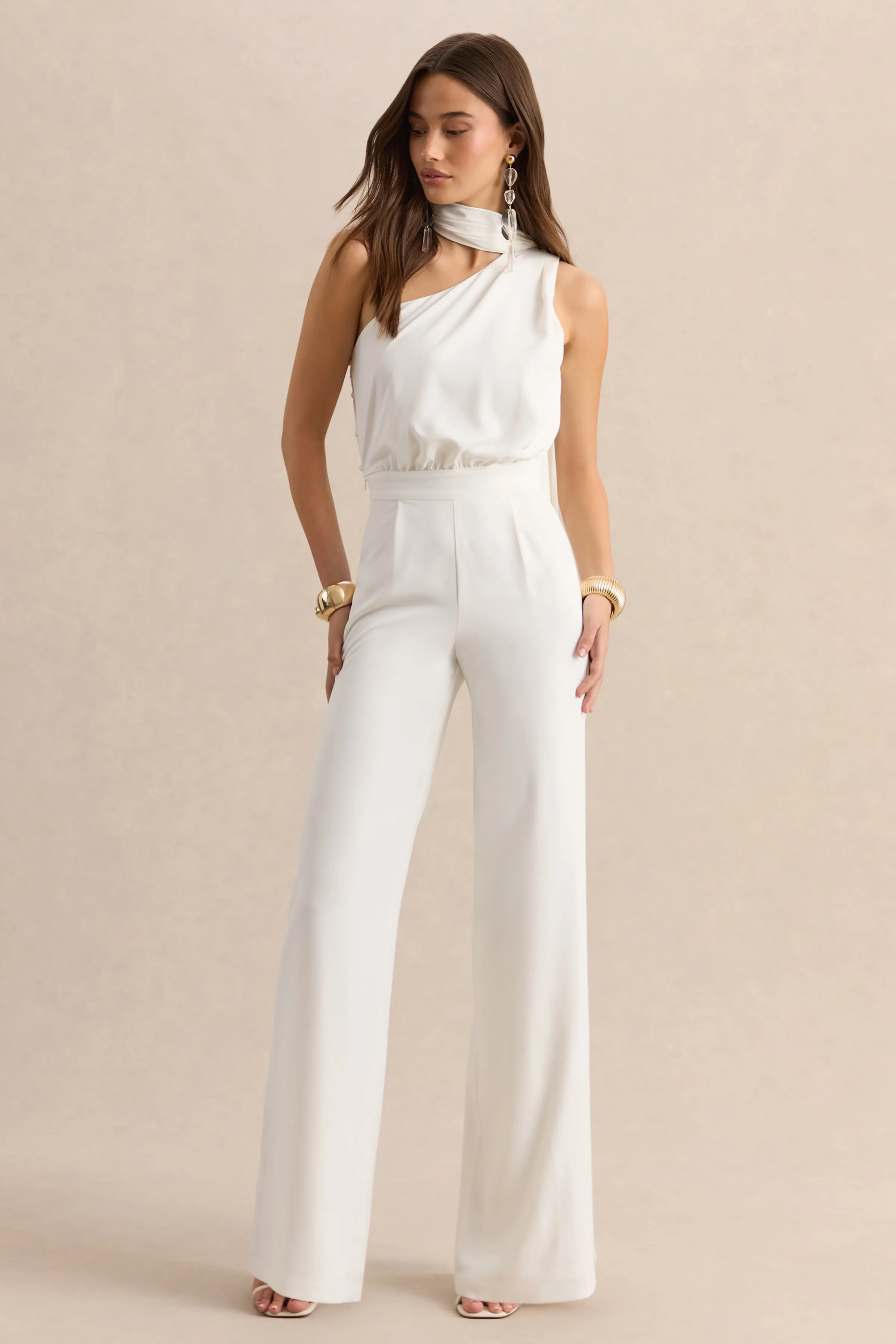 Gliselle | White Asymmetric-Neck Jumpsuit With Cape sold by Club L London