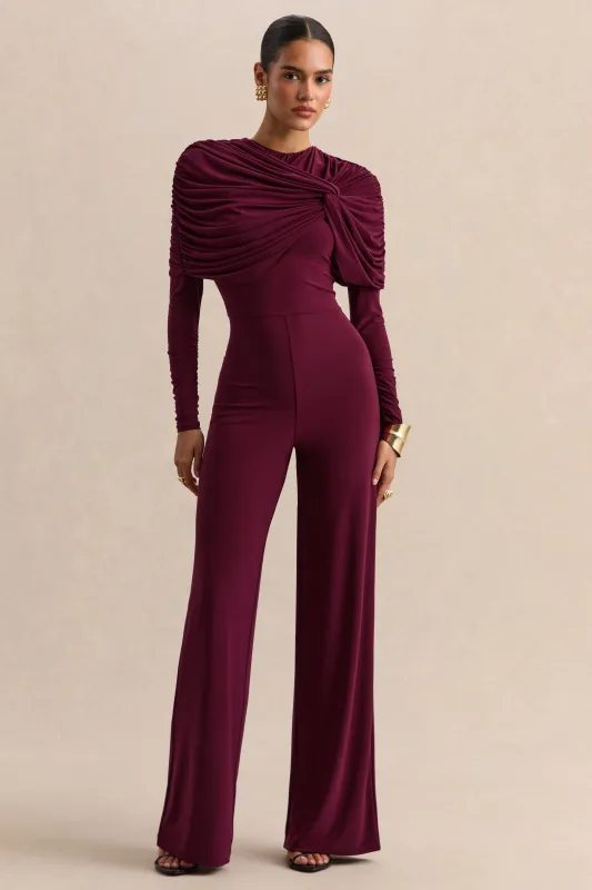 Eloura | Burgundy High-Neck Jumpsuit With Twist-Gathered Detail made by Club L London