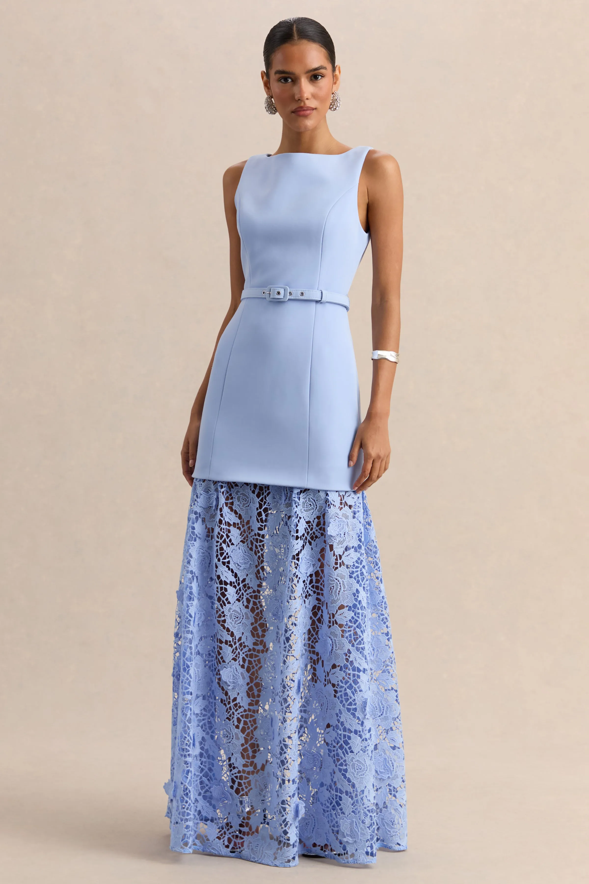 Verena | Powder Blue Boat-Neck Belted Maxi Dress With Lace Skirt sold by Club L London product image thumbnail 4