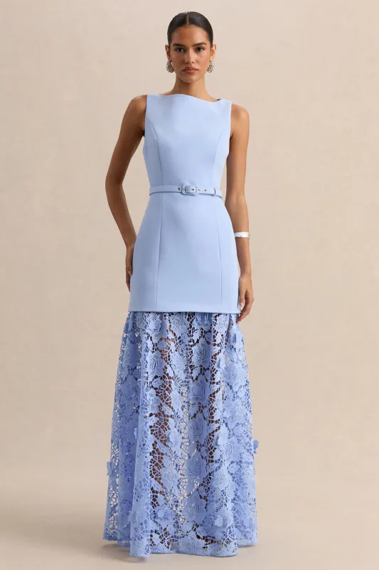 Verena | Powder Blue Boat-Neck Belted Maxi Dress With Lace Skirt made by Club L London