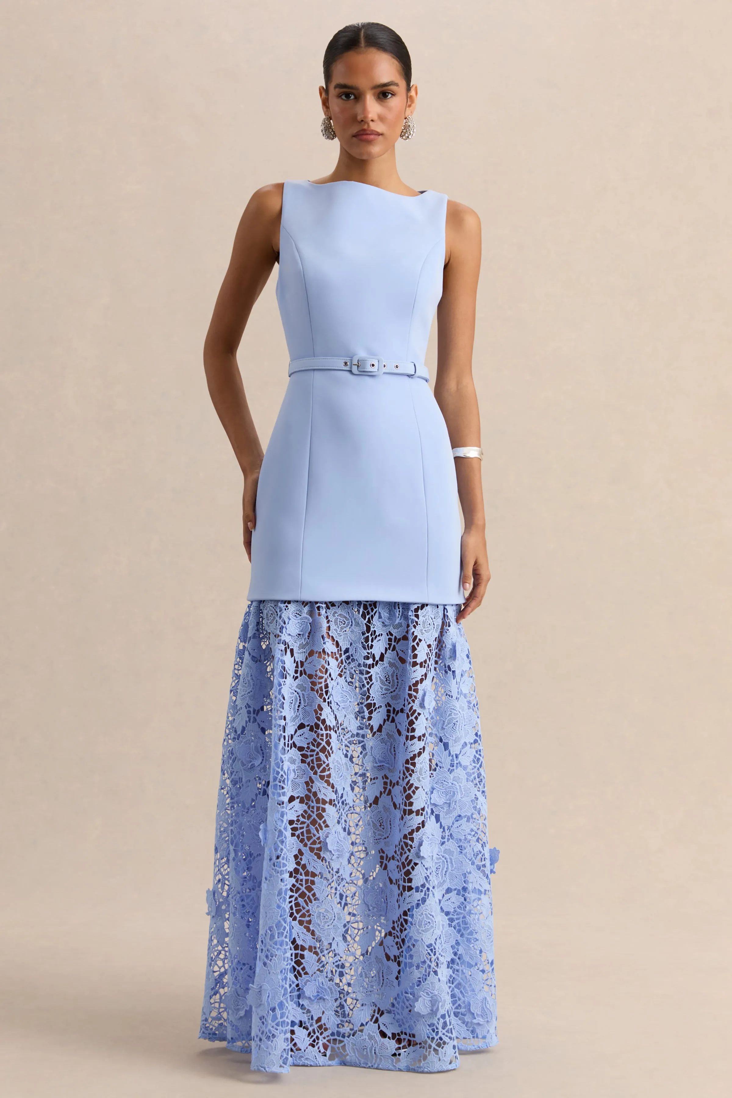 Verena | Powder Blue Boat-Neck Belted Maxi Dress With Lace Skirt sold by Club L London