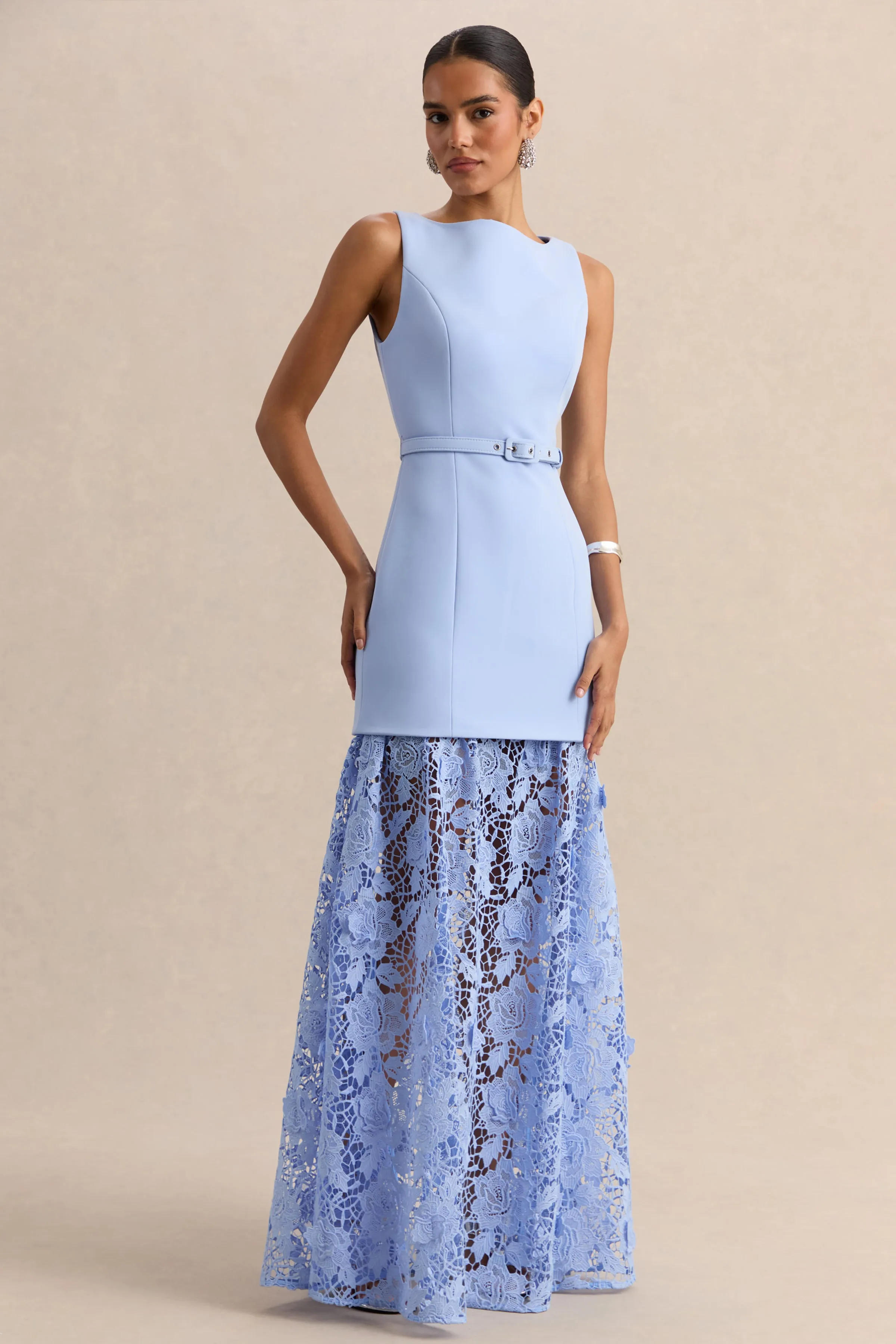 Verena | Powder Blue Boat-Neck Belted Maxi Dress With Lace Skirt sold by Club L London product image thumbnail 5