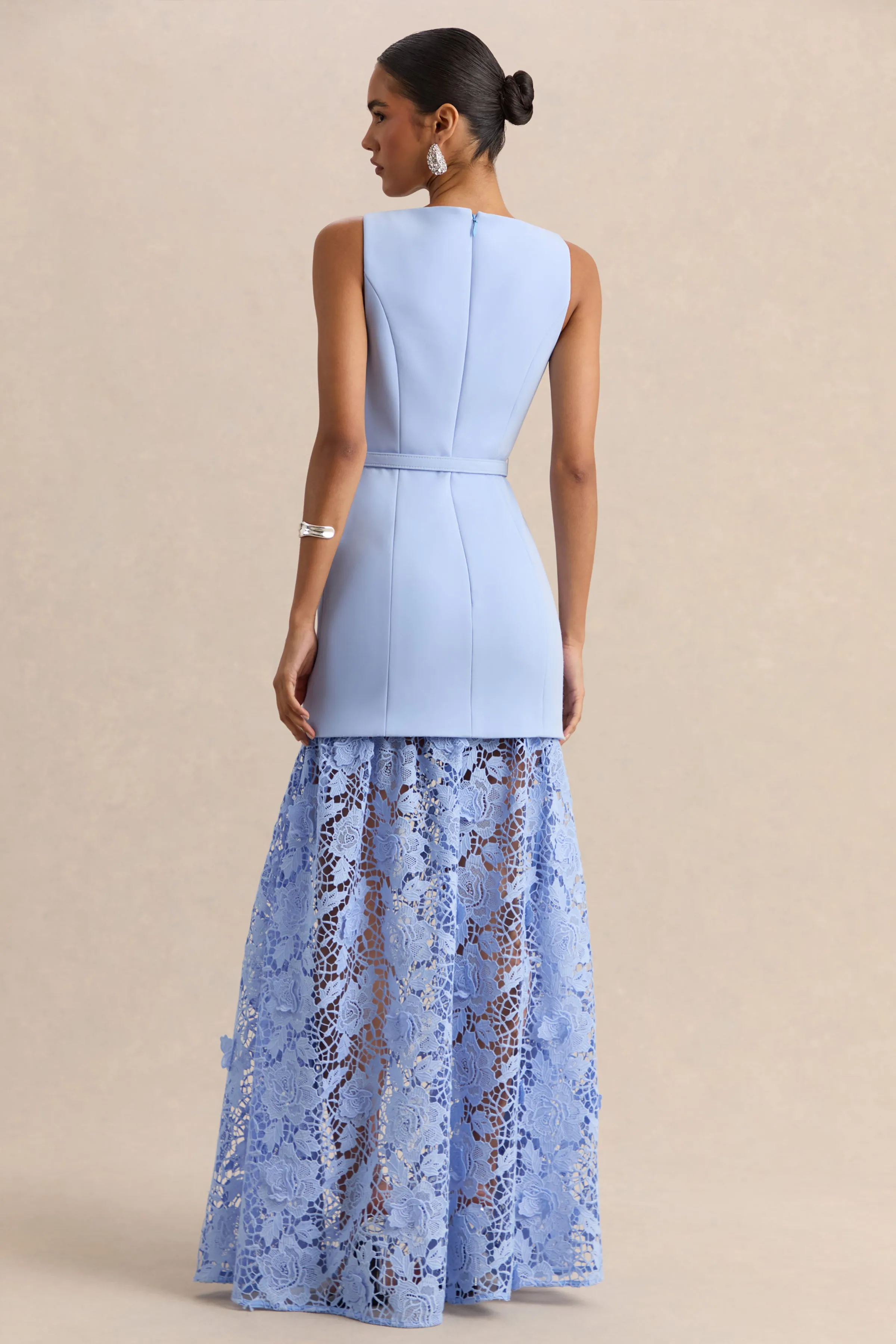Verena | Powder Blue Boat-Neck Belted Maxi Dress With Lace Skirt sold by Club L London product image thumbnail 2