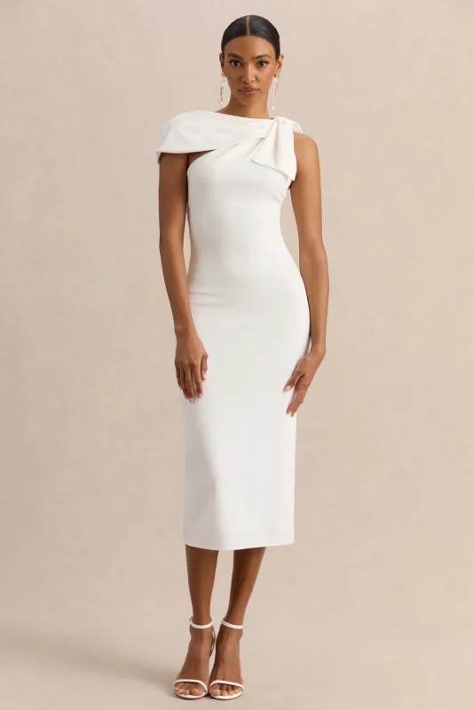 Clarina | White Asymmetric-Neck Midi Dress With Bow-Detail made by Club L London
