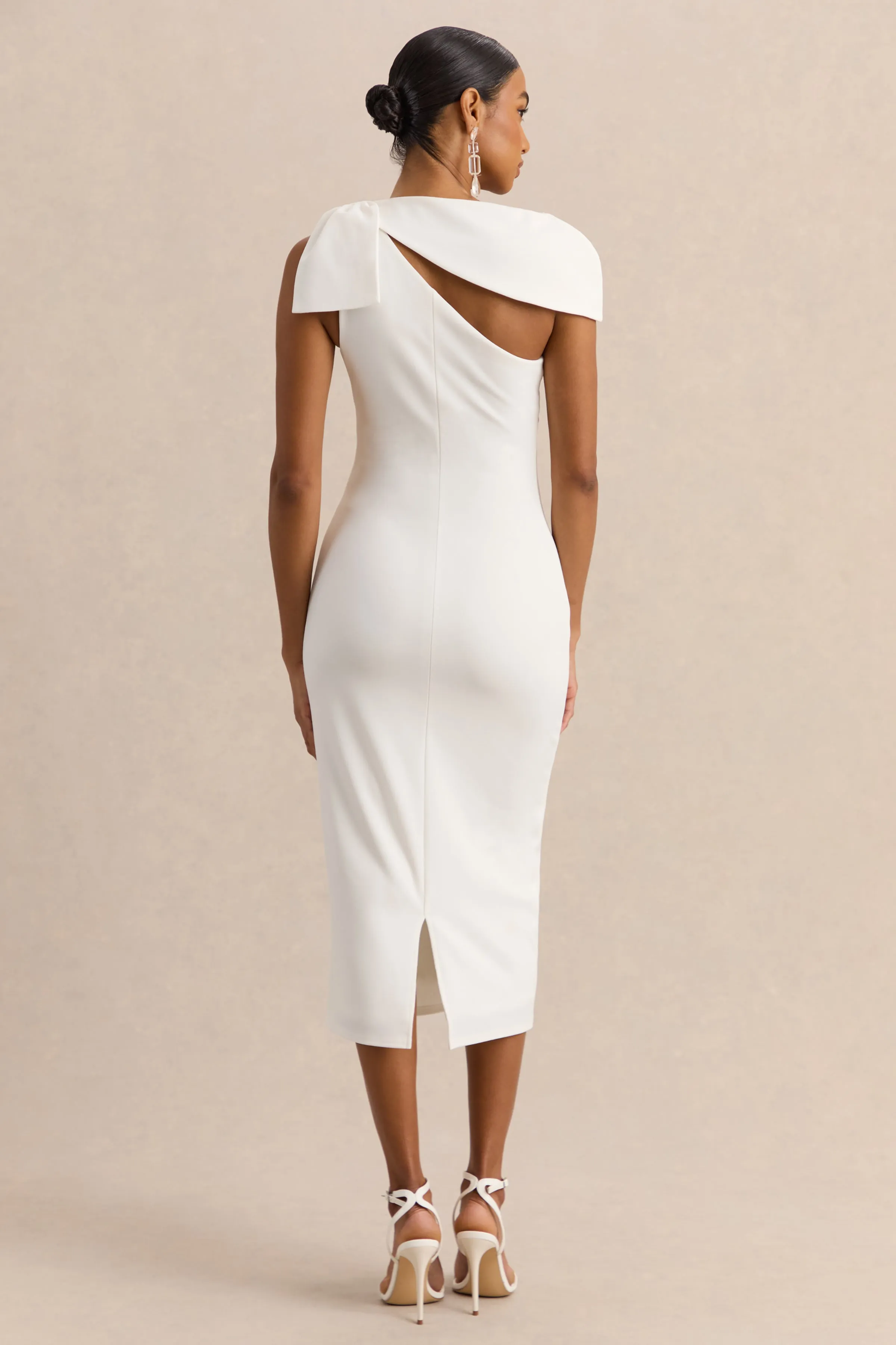 Clarina | White Asymmetric-Neck Midi Dress With Bow-Detail sold by Club L London product image thumbnail 2