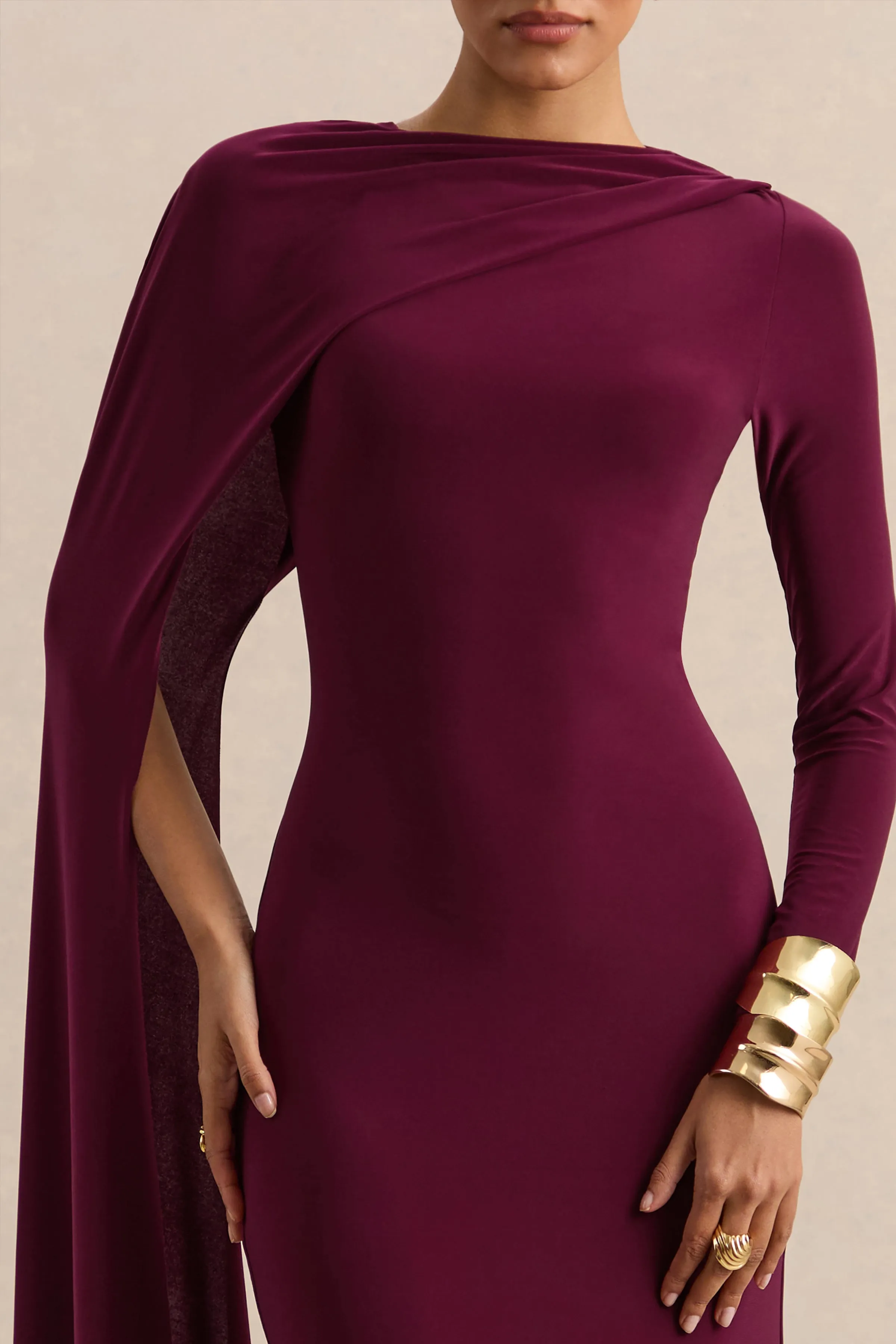 Halina | Burgundy High-Neck Maxi Dress With Cape-Sleeve sold by Club L London product image thumbnail 3