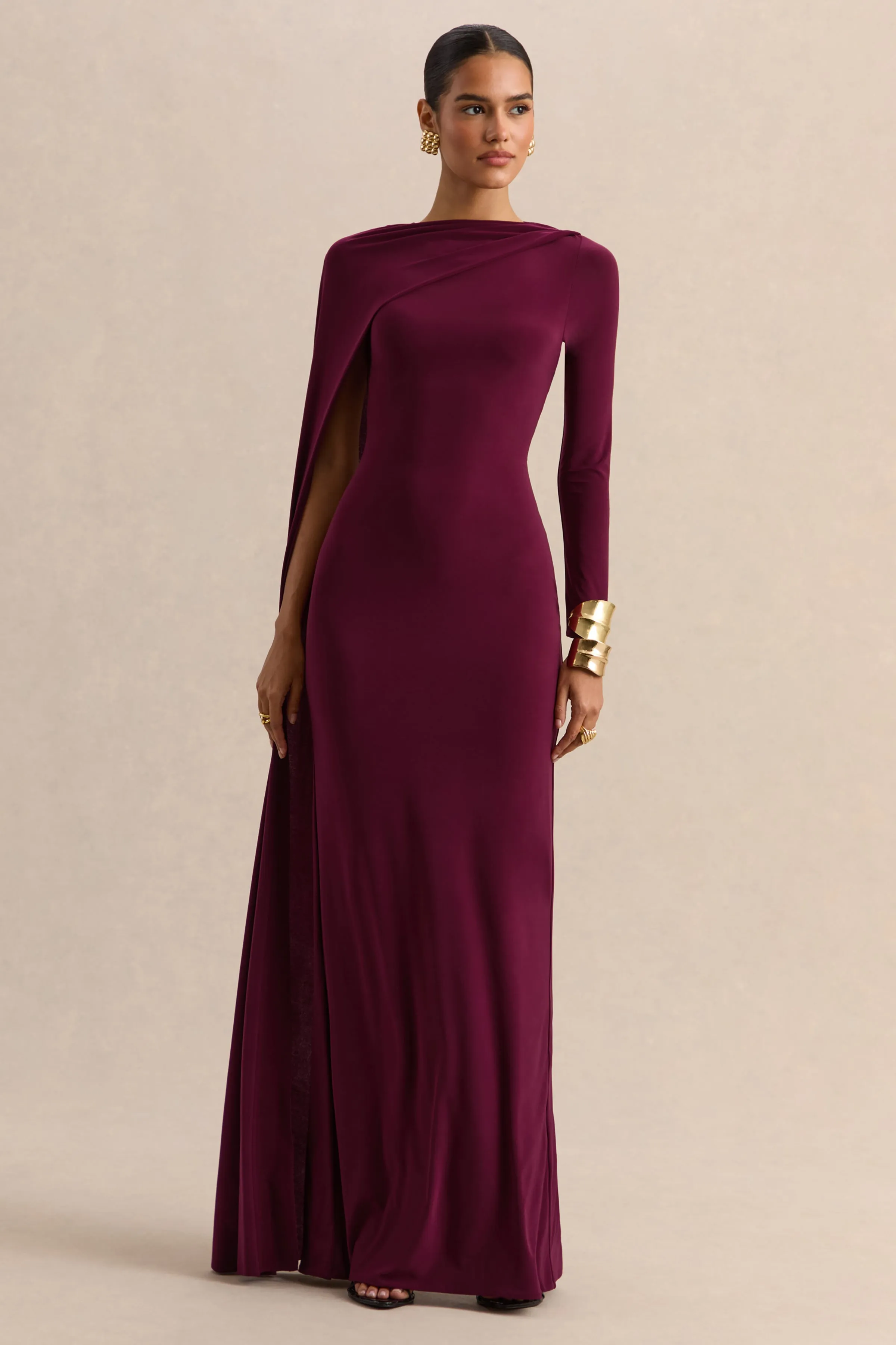 Halina | Burgundy High-Neck Maxi Dress With Cape-Sleeve sold by Club L London product image thumbnail 4