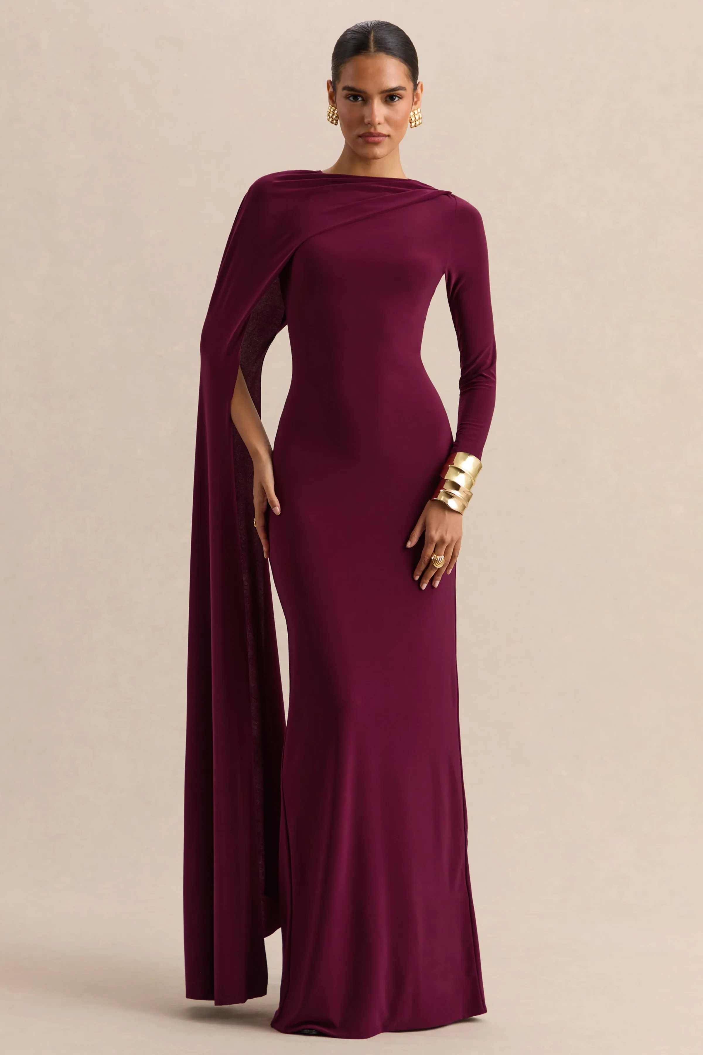 Halina | Burgundy High-Neck Maxi Dress With Cape-Sleeve sold by Club L London