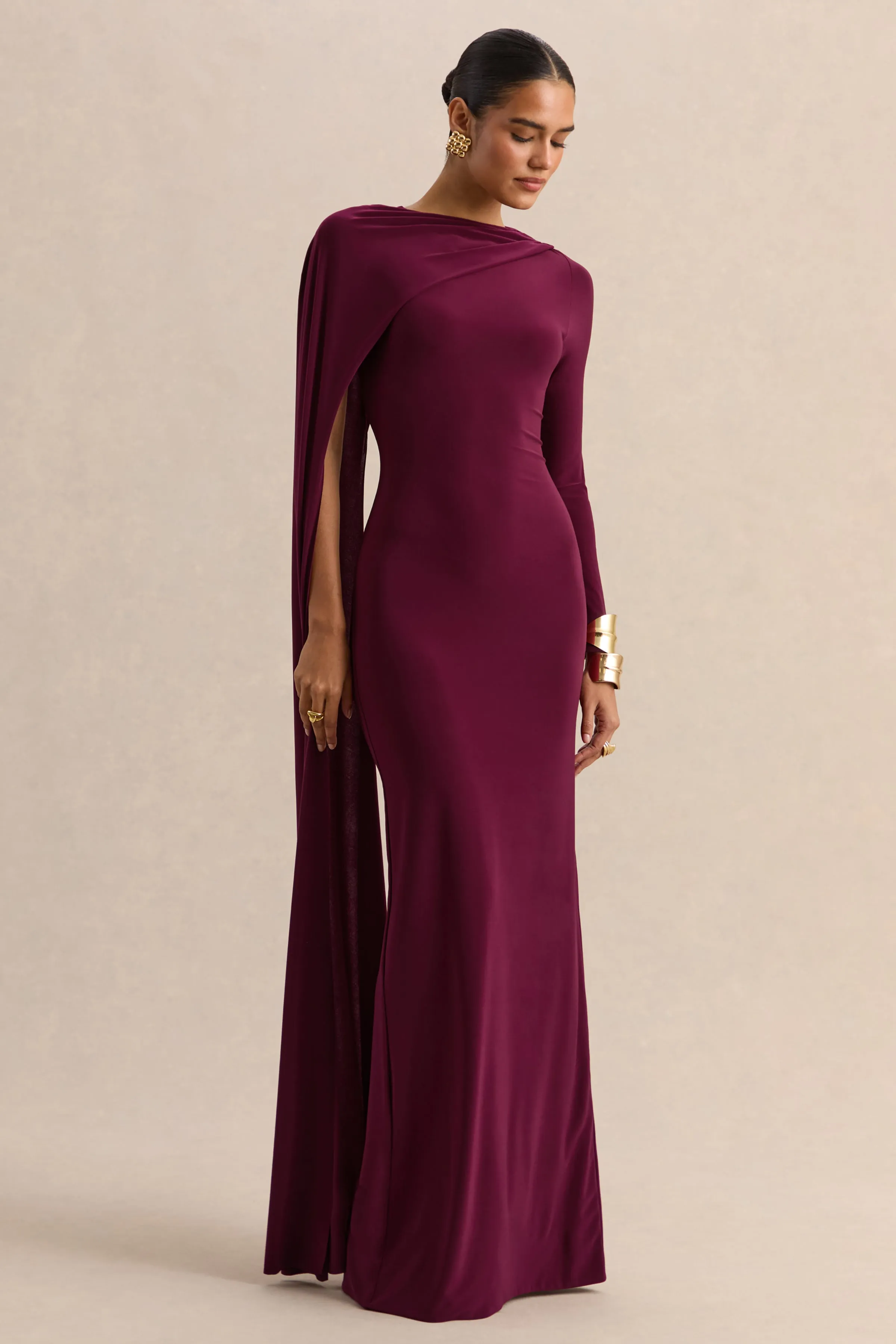 Halina | Burgundy High-Neck Maxi Dress With Cape-Sleeve sold by Club L London product image thumbnail 2