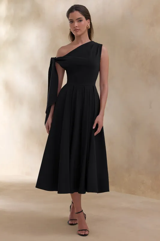 Daring | Black Asymmetric-Neck Midi Dress With Knot-Detail made by Club L London