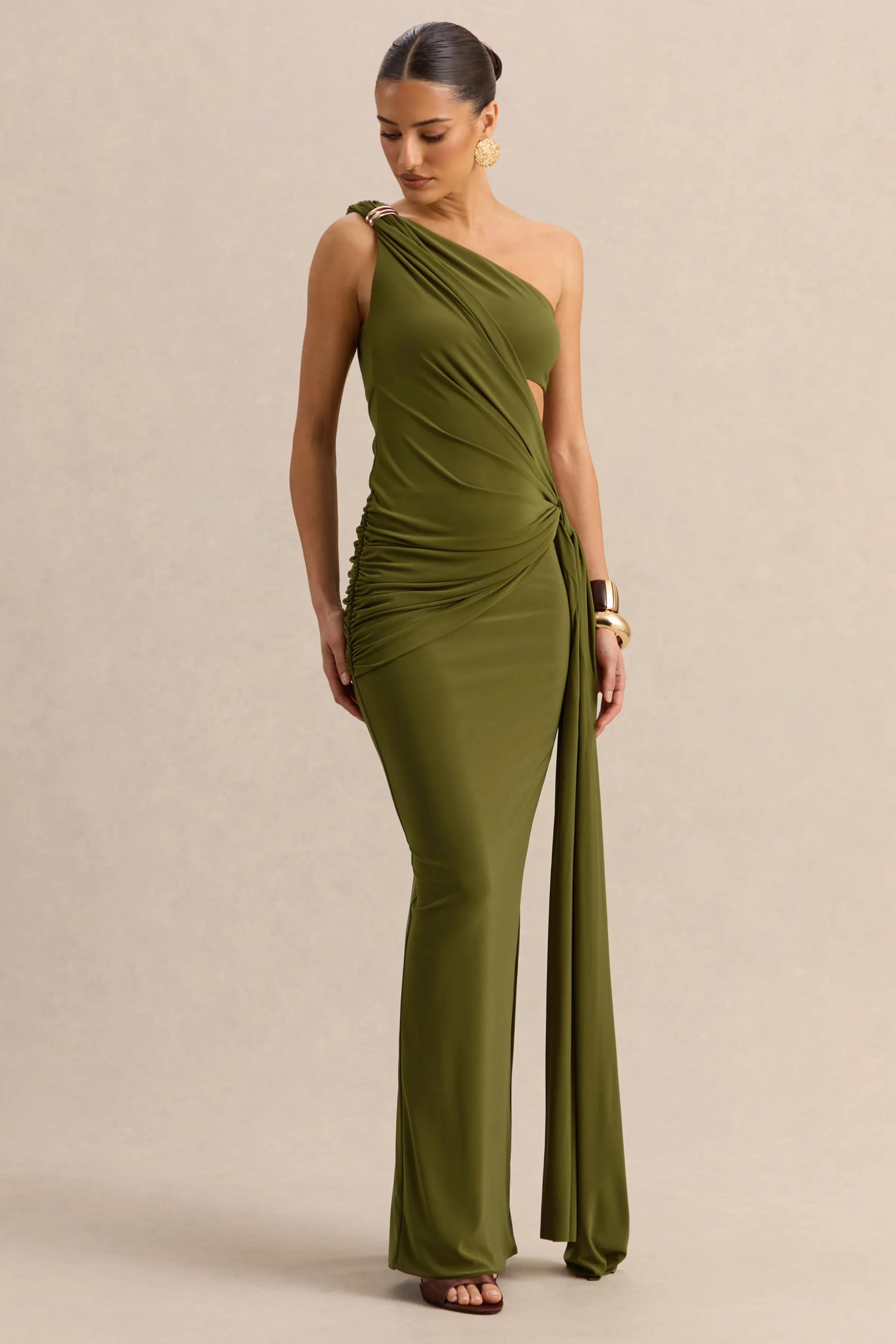 Clarosia | Green Asymmetric-Neck Maxi Dress With Cut-Out With Sash sold by Club L London product image thumbnail 4