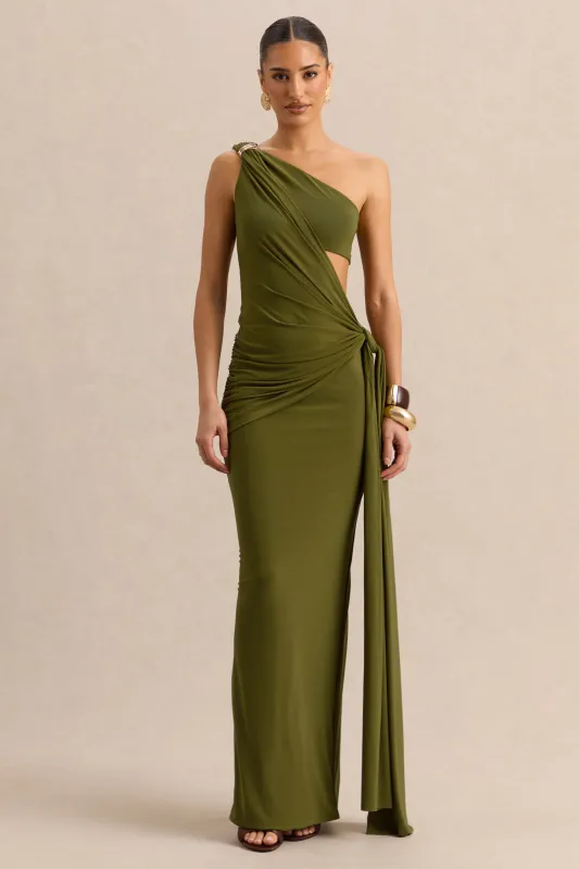 Clarosia | Green Asymmetric-Neck Maxi Dress With Cut-Out With Sash made by Club L London