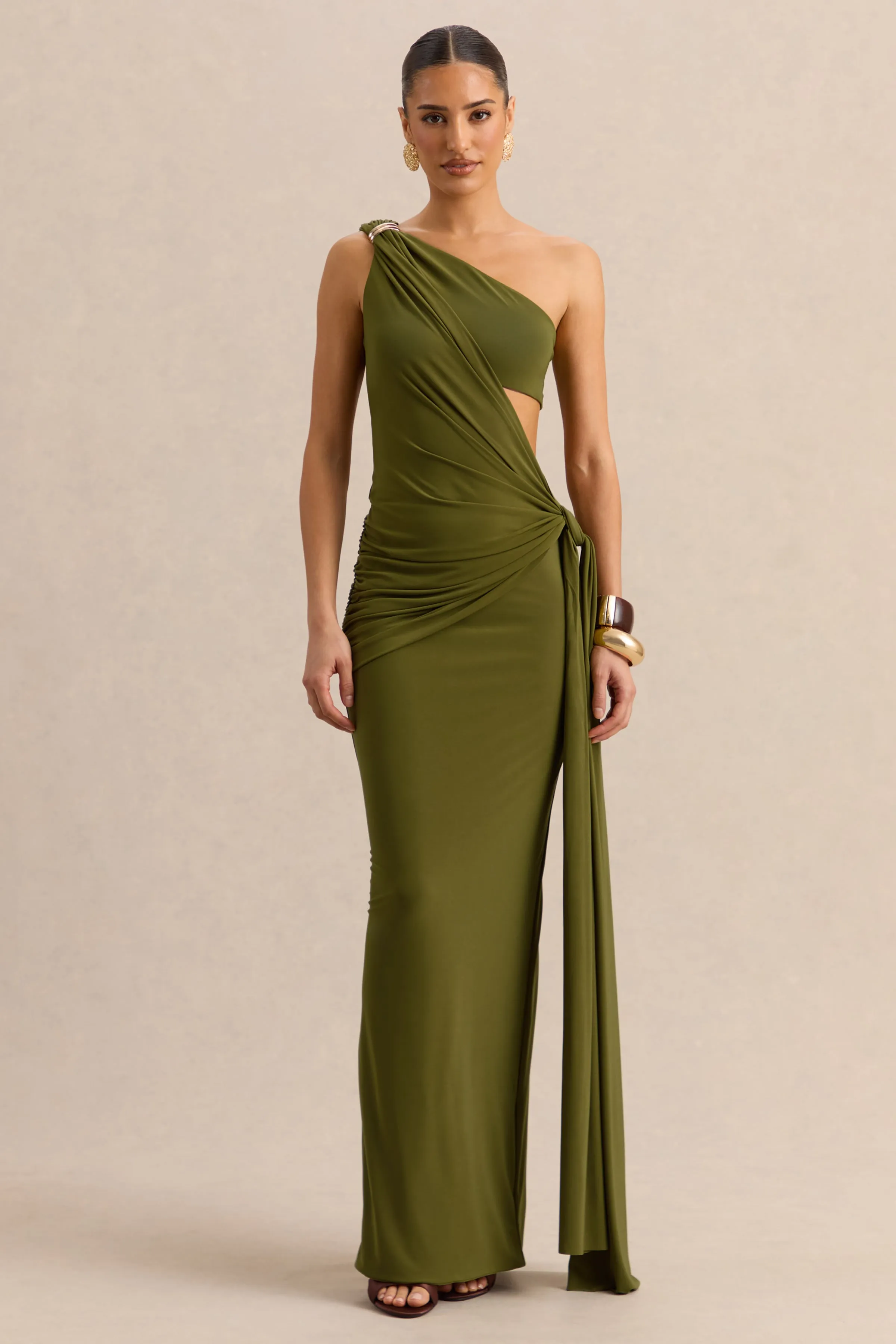 Clarosia | Green Asymmetric-Neck Maxi Dress With Cut-Out With Sash sold by Club L London