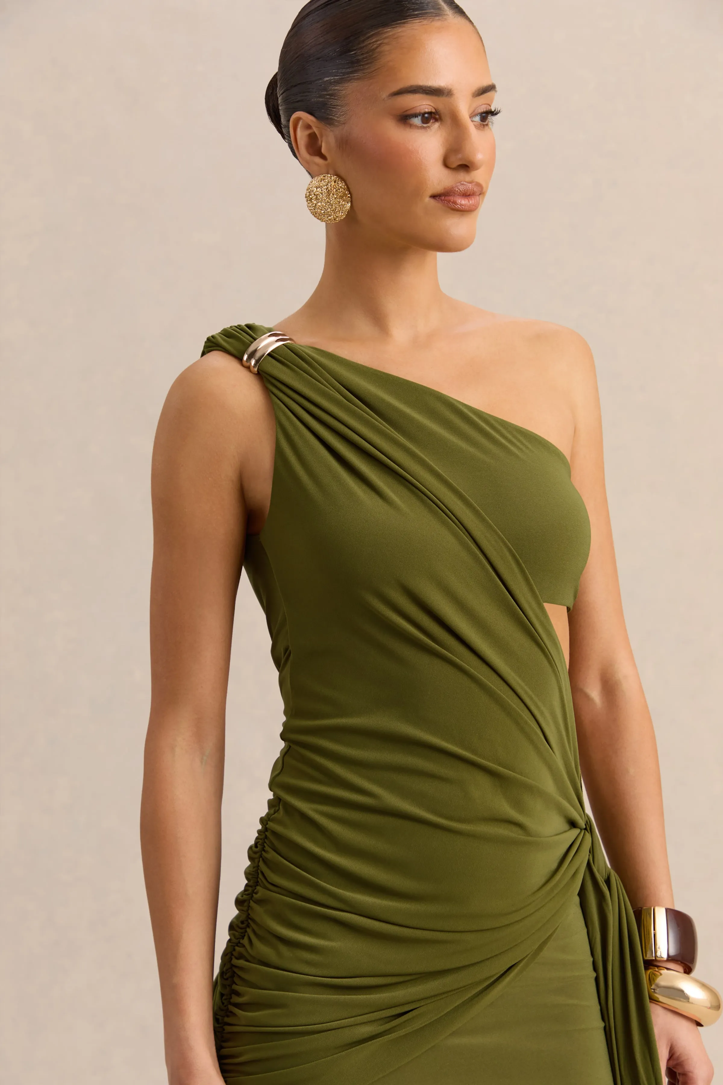 Clarosia | Green Asymmetric-Neck Maxi Dress With Cut-Out With Sash sold by Club L London product image thumbnail 5