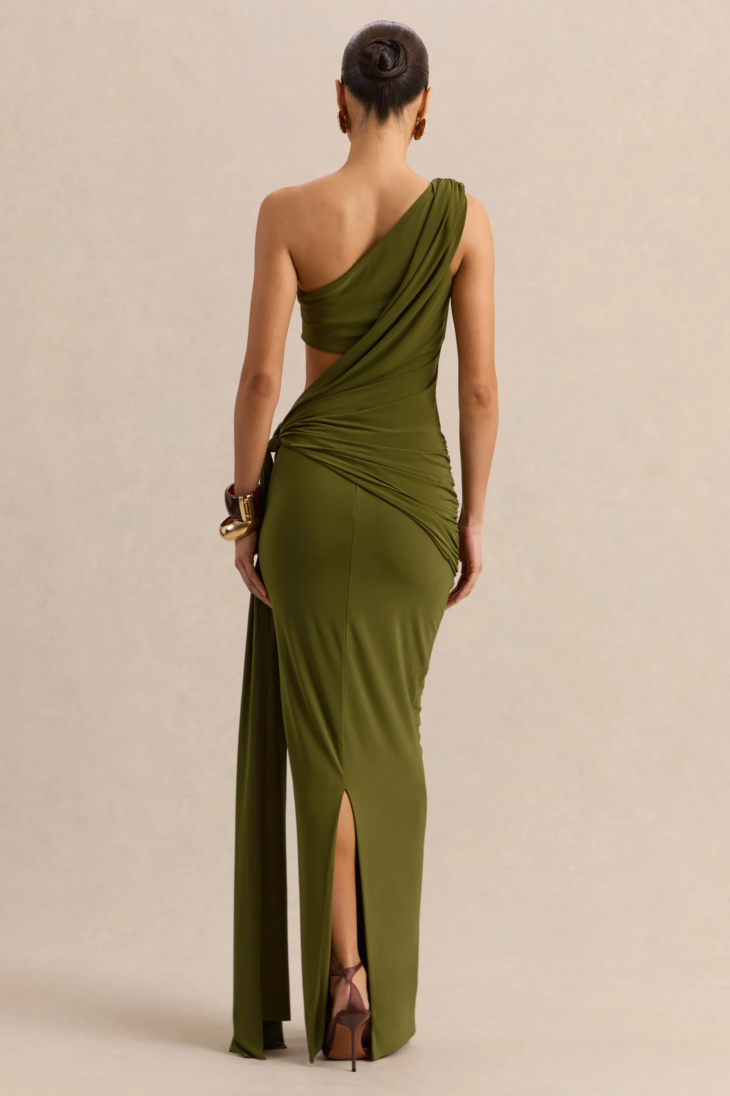 Clarosia | Green Asymmetric-Neck Maxi Dress With Cut-Out With Sash sold by Club L London product image thumbnail 2