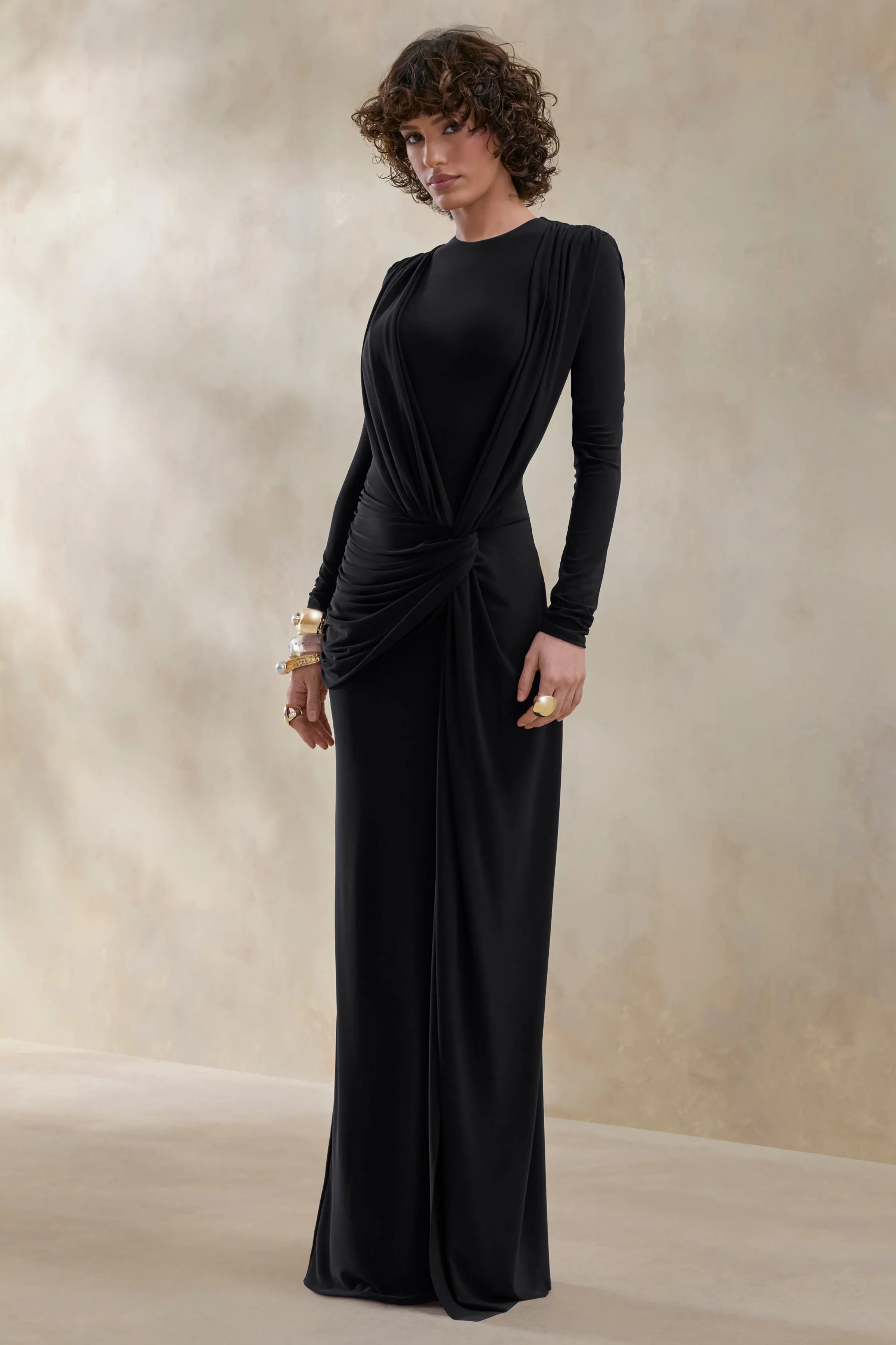 Desirelle | Black Crew-Neck Maxi Dress With Gathered-Detailing sold by Club L London product image thumbnail 5