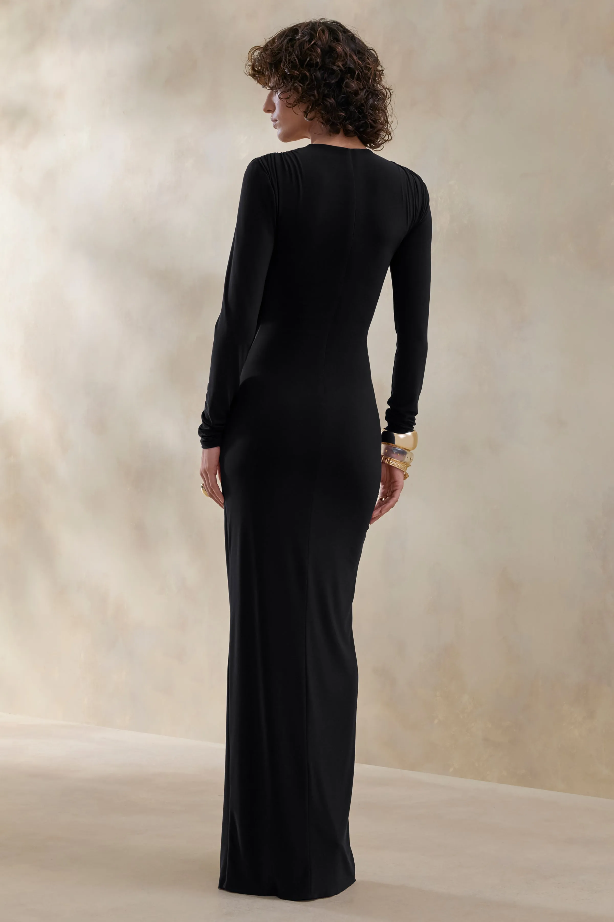 Desirelle | Black Crew-Neck Maxi Dress With Gathered-Detailing sold by Club L London product image thumbnail 2