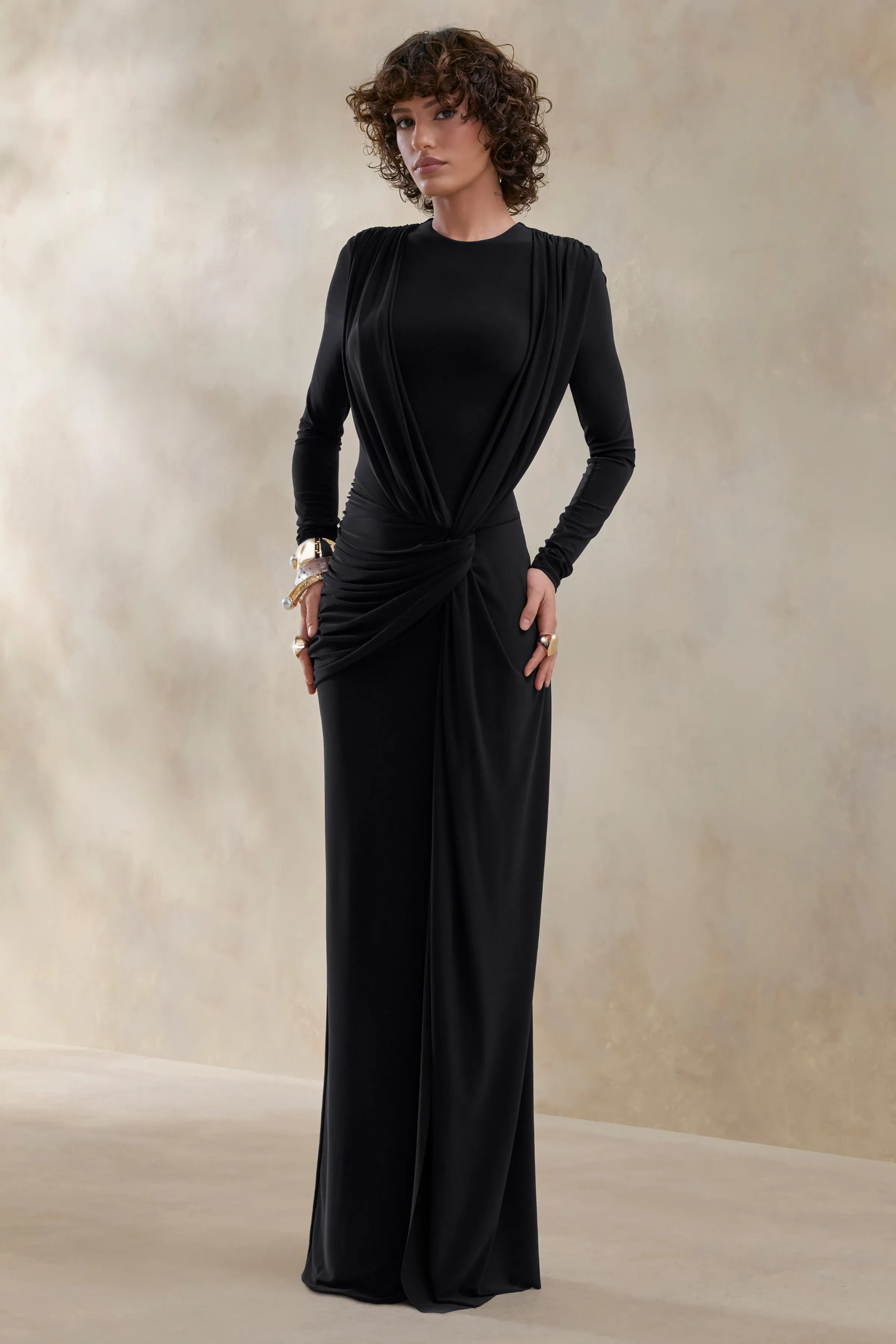 Desirelle | Black Crew-Neck Maxi Dress With Gathered-Detailing sold by Club L London product image thumbnail 4