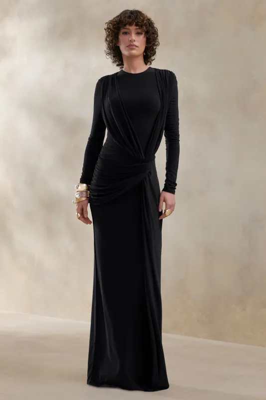 Desirelle | Black Crew-Neck Maxi Dress With Gathered-Detailing made by Club L London
