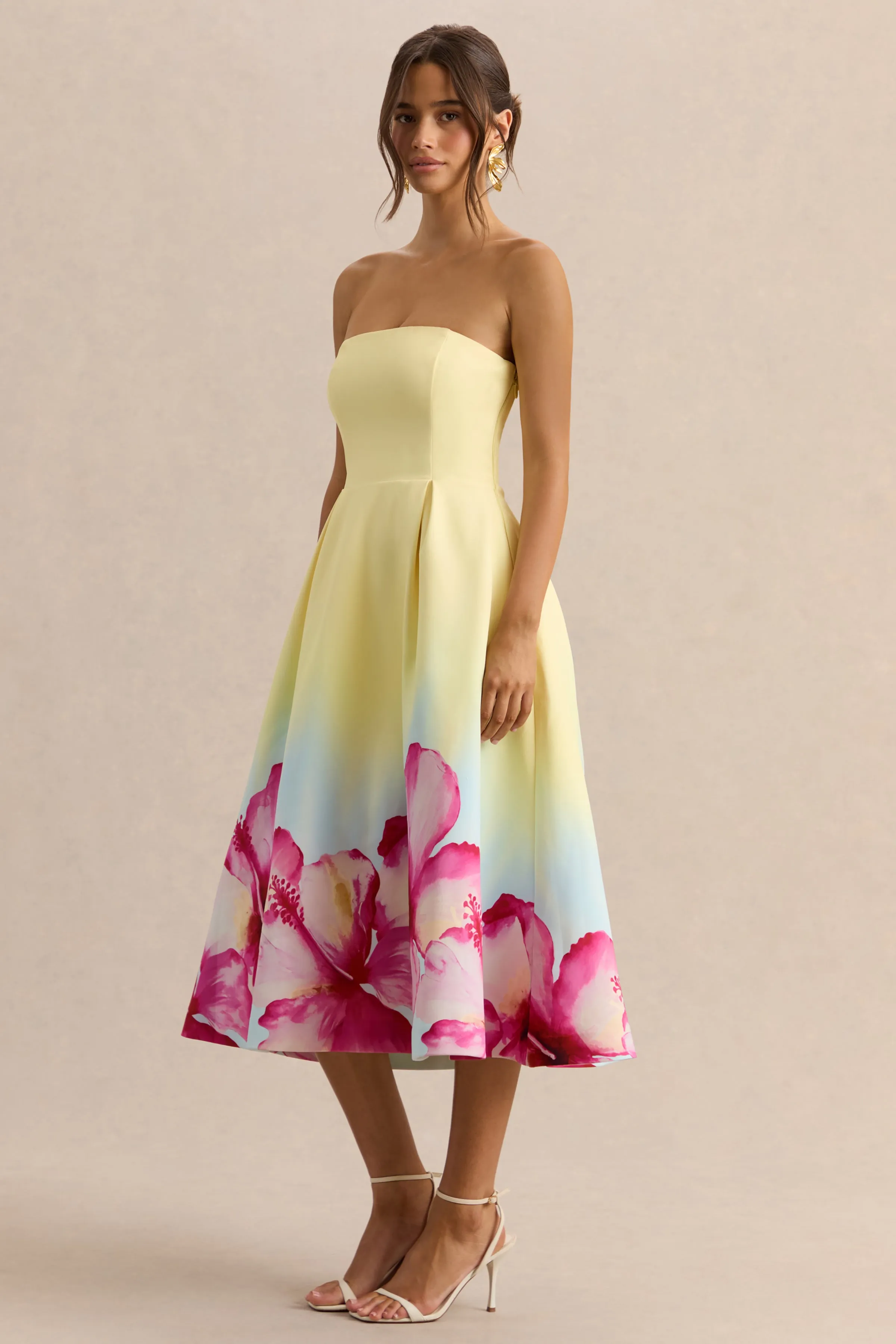 Zoya | Yellow Ombre Lily Print Bandeau Midi Dress sold by Club L London product image thumbnail 4