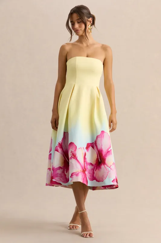 Zoya | Yellow Ombre Lily Print Bandeau Midi Dress made by Club L London