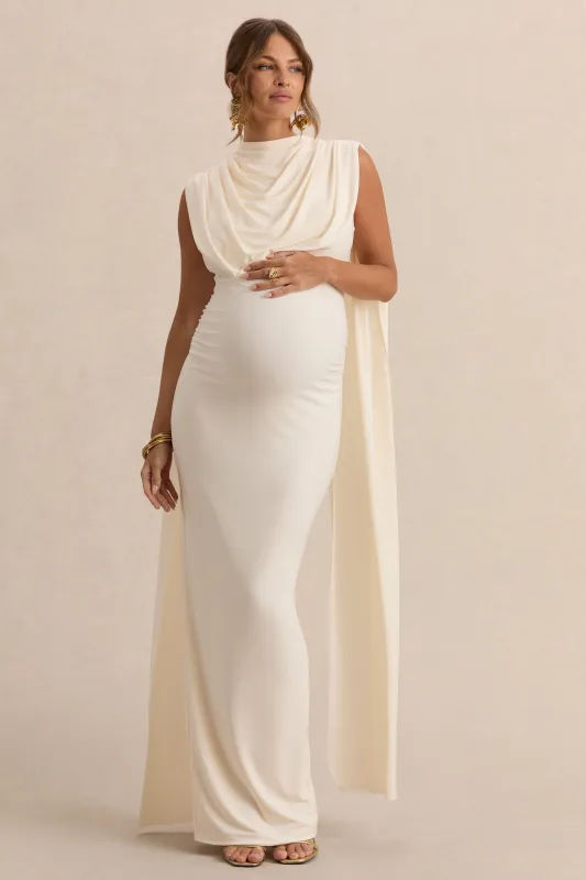 Belva | Cream Round-Neck Maternity Maxi Dress With Cape Detail made by Club L London