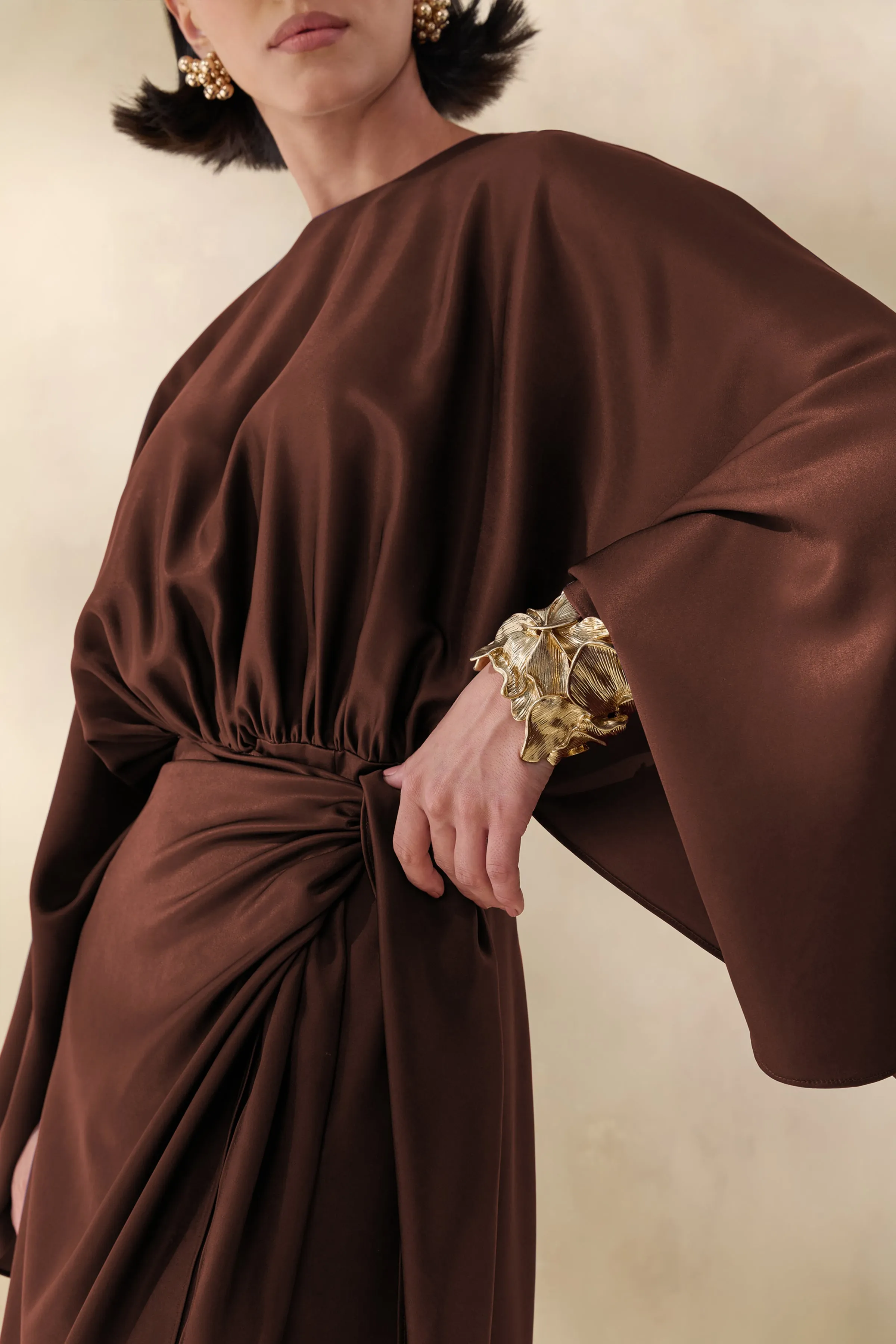 Delphina | Brown Satin Maxi Dress With Gathered And Knot-Detail sold by Club L London product image thumbnail 3