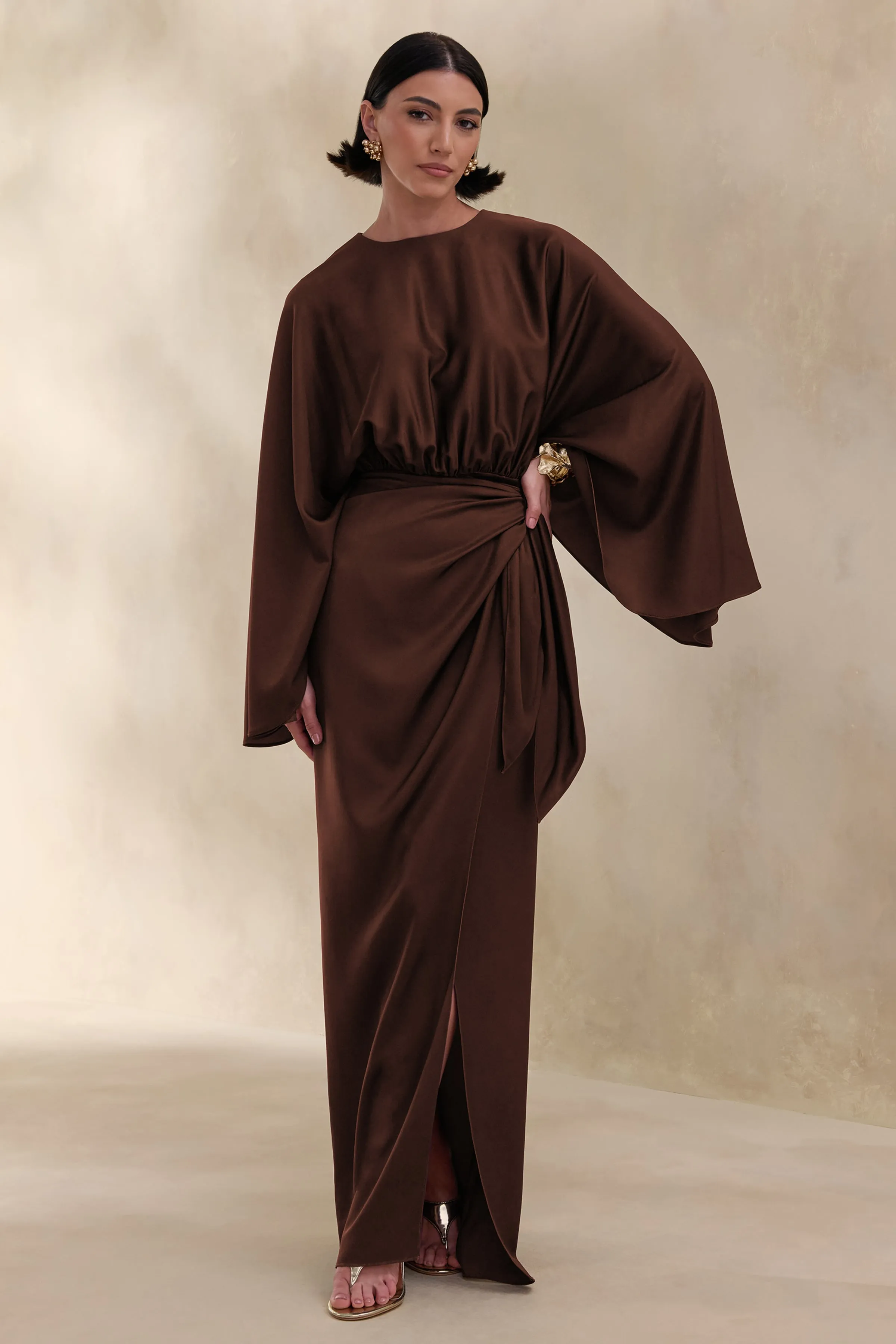Delphina | Brown Satin Maxi Dress With Gathered And Knot-Detail sold by Club L London product image thumbnail 4