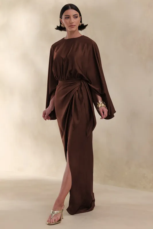 Delphina | Brown Satin Maxi Dress With Gathered And Knot-Detail made by Club L London