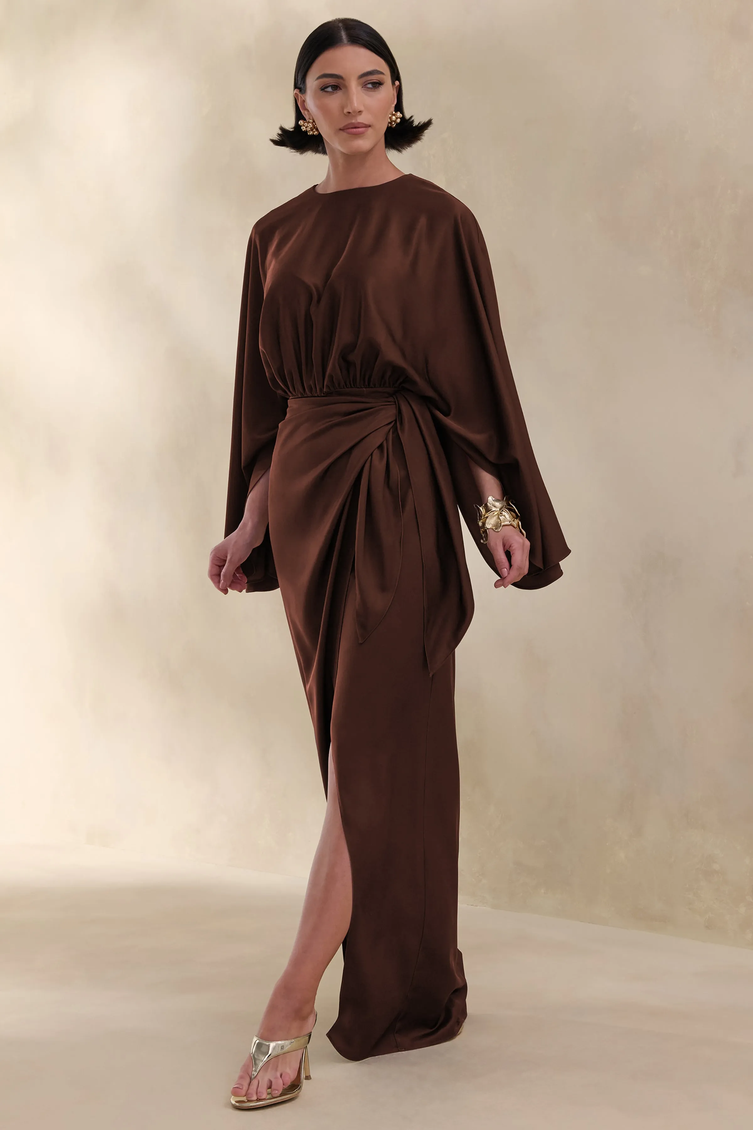 Delphina | Brown Satin Maxi Dress With Gathered And Knot-Detail sold by Club L London