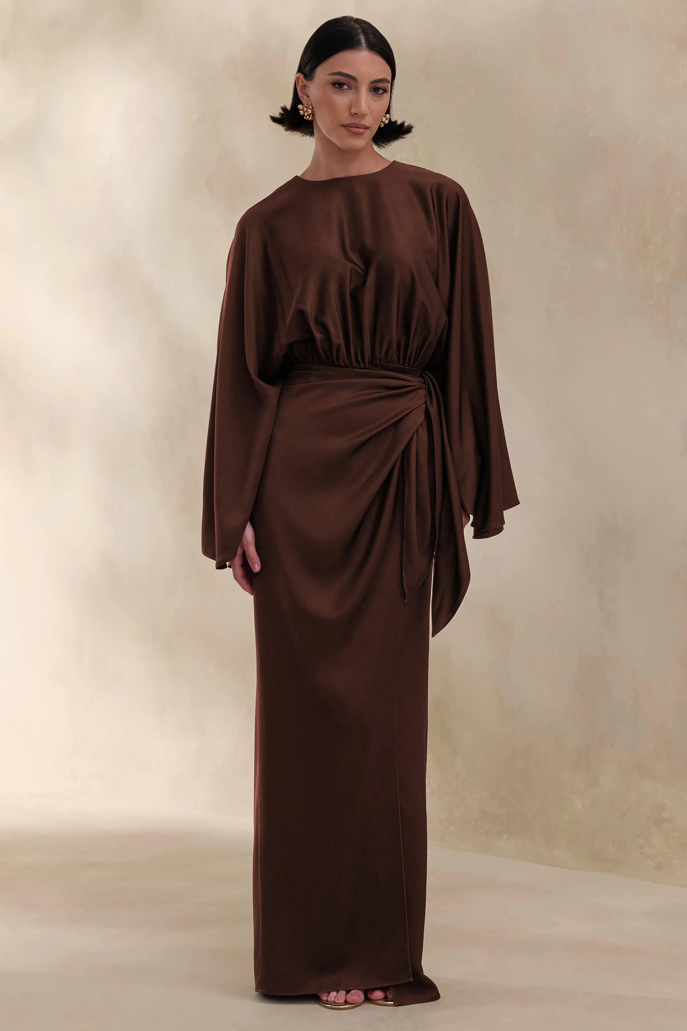 Delphina | Brown Satin Maxi Dress With Gathered And Knot-Detail sold by Club L London product image thumbnail 5