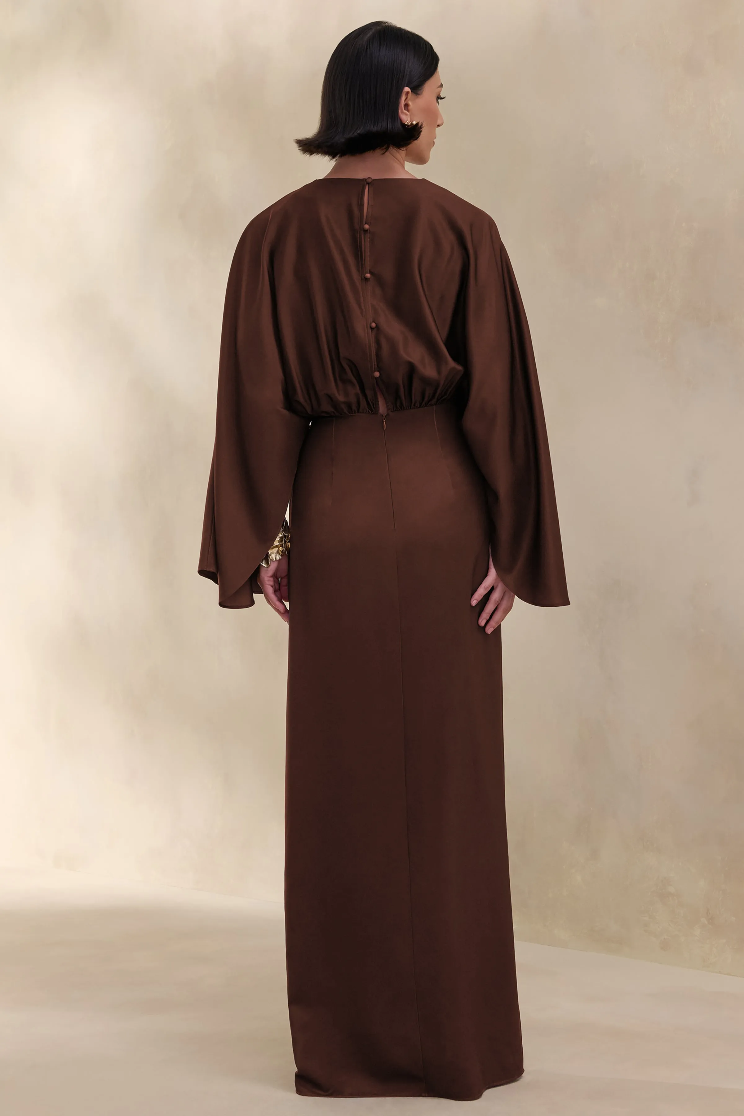 Delphina | Brown Satin Maxi Dress With Gathered And Knot-Detail sold by Club L London product image thumbnail 2