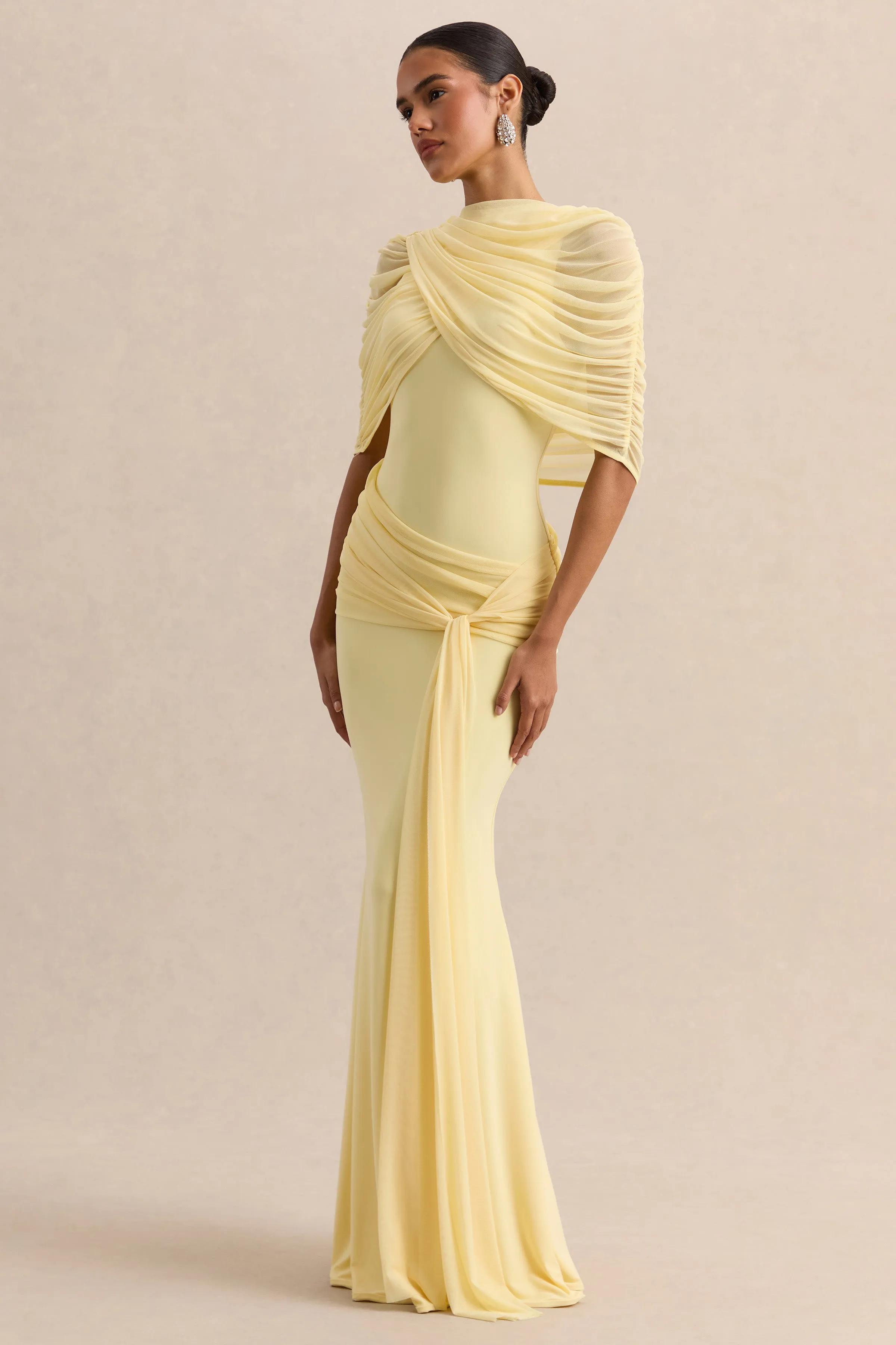 Mirene | Lemon Round-Neck Maxi-Dress With Gathered-Detailing And Sash sold by Club L London product image thumbnail 3