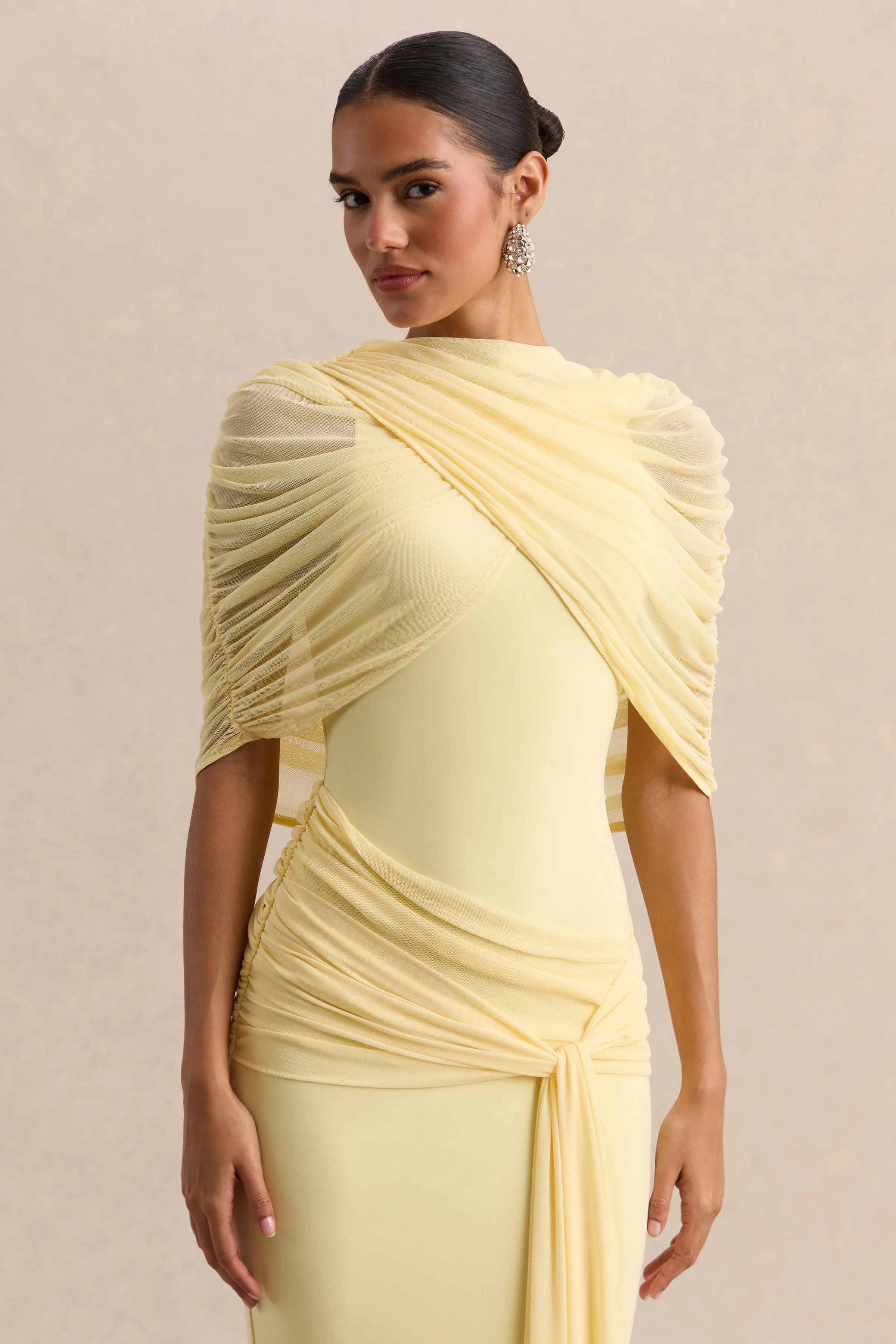 Mirene | Lemon Round-Neck Maxi-Dress With Gathered-Detailing And Sash sold by Club L London product image thumbnail 4